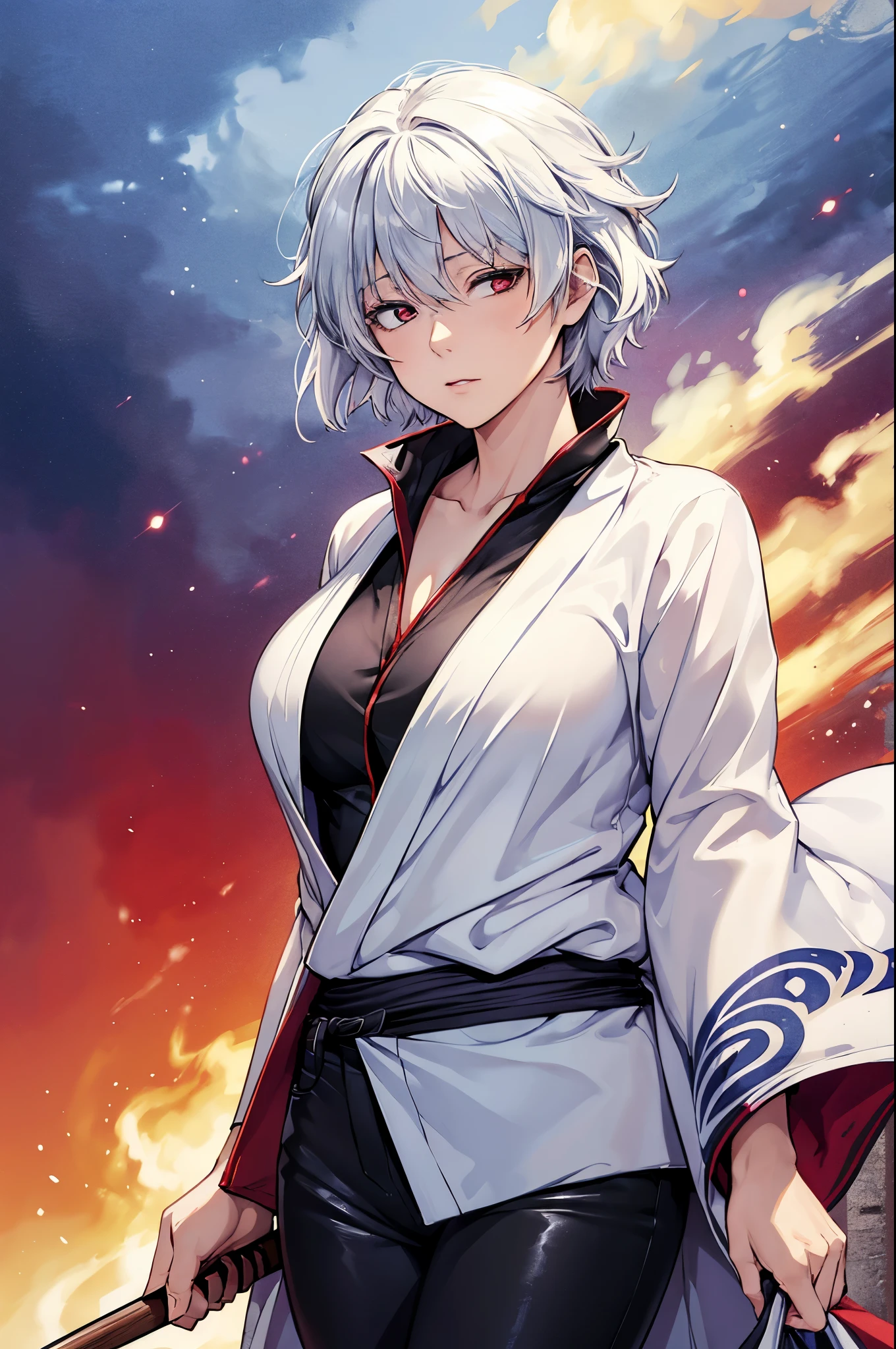 (masterpiece, best quality:1.2), expressive eyes, perfect face, highres, 1girl, solo, (female:1.5), sakata gintoki, gintoki kimono, silver hair, short hair, scarlet eyes, gintoki outfit, open clothes, black pants, standing, ((upper body)), looking at the viewer, dynamic view
