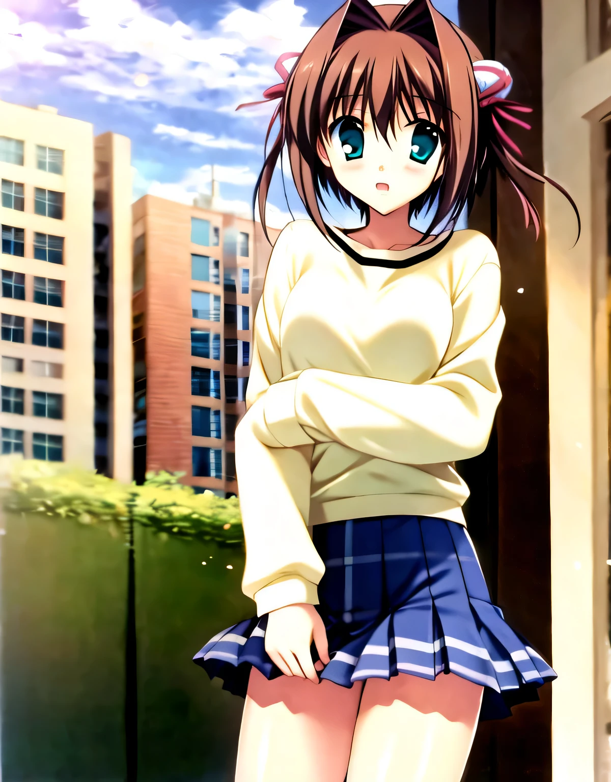 asakura_yume,Brown Hair,Medium Chest,Aqua Eye,White skin,city,No sleeve_sweater,mini skirt,