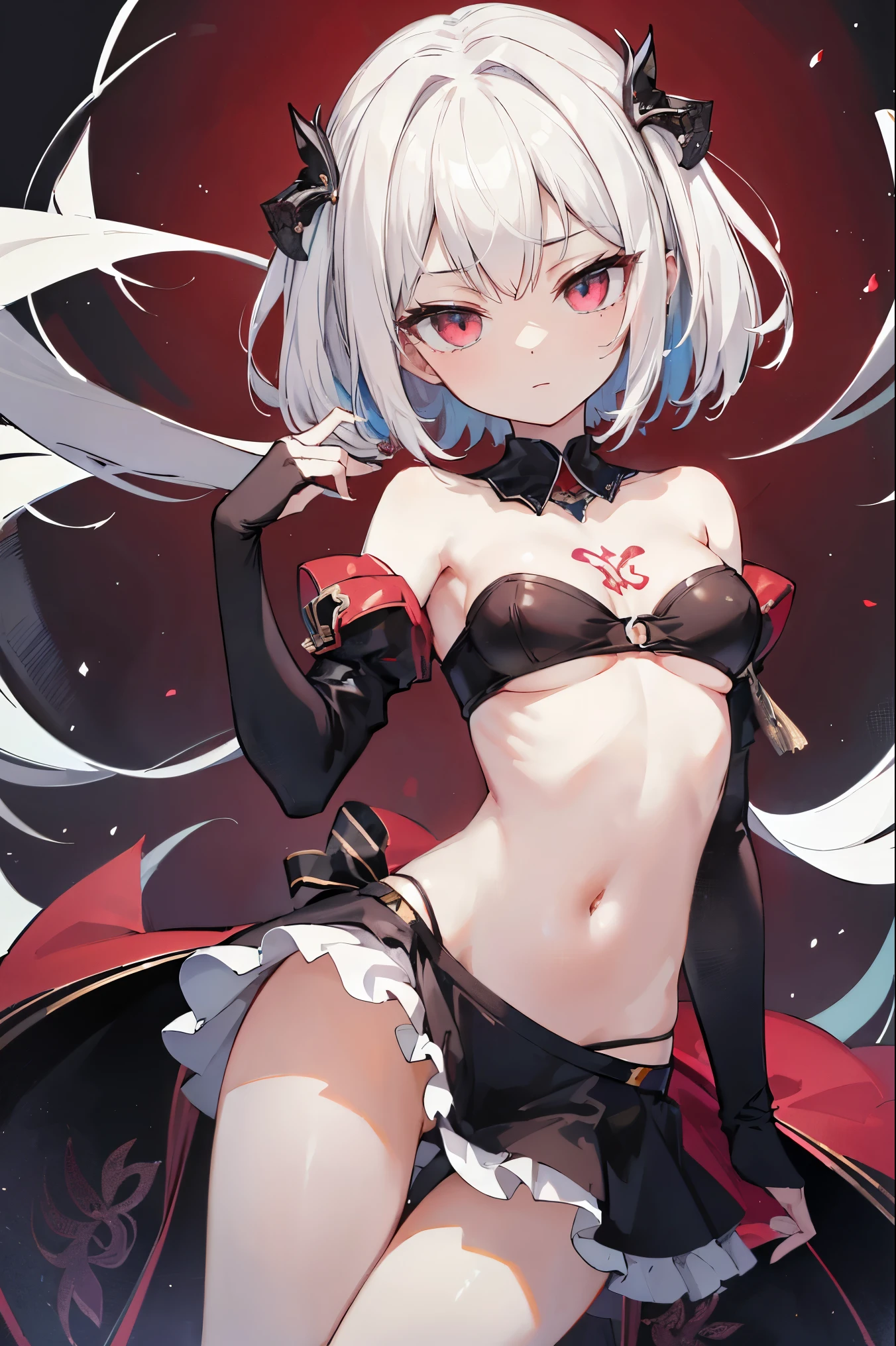 1girl, anime, cute girl, blank background, white background, fantasy, detailed fantasy dress with highlights, beautiful face, beautiful eyes, dark colors, black hair with multicolor streaks, red eye with different color pupil in eye, multicolor eye, medium breasts, slight cleavage, beautiful skin, cute, breast curtains, extremely delicate and beautiful, (beautiful detailed face:1.0), (detailed deep eyes), symmetrical breasts, deep eyes, shiny skin, portrait, slender waist, hips wider than shoulders, thighs, expressionless, young girl, luminous eyes, adorable，（Kpop idol）,（aegyo sal：1），（Platinum blonde hair：1），（（puffy eye）），Black panty，sexy posture，Superskirt, Ultra-high resolution，Black collar，slim figure, Abdominal y tattoo, womb tattoo，Tight-fitting leg ring，y tattoo on half-body，Bare skin, Armored hand，Hidden fingertips，Hand covered，Arm covered，Fist covered,{{beautiful detailed fingers}}, tufts of hair, moderate beautiful breast:1.0,(masterpiece:1.2), best quality, high-res, HDR, perfect face, intricate armor, delicate blue filigree, intricate filigree, red metalic parts, detailed part, dynamic pose, dynamic lights, cute face, neutral expression