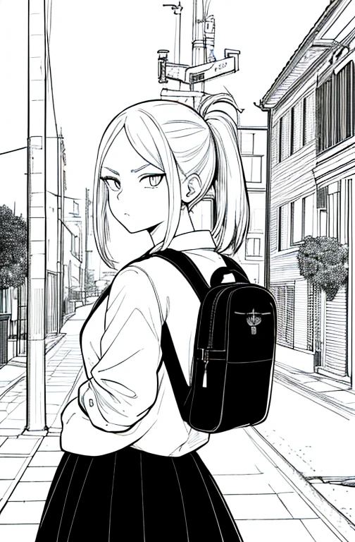 obra maestra, de primera calidad, 1 chica en, Uniformes, serious expression, una mochila, ojos negros, ciberpunk, una calle, cabello corto, dibujo lineal、con hielo my hero academia
