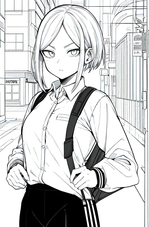 obra maestra, de primera calidad, 1 chica en, Uniformes, serious expression, una mochila, ojos negros, ciberpunk, una calle, cabello corto, dibujo lineal、con hielo my hero academia