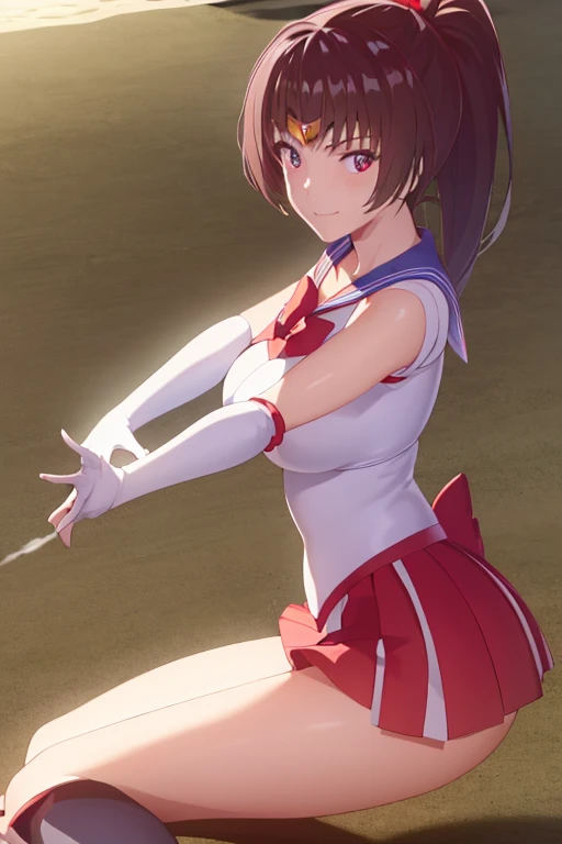 masterpiece, best quality, beautiful art, high resolution, well formed hands, body and fingers, 1 woman, solo, Sayuki  Tokihara, big breasted, cleavage, full body, gorgeous legs and thighs, smile, sexy sailor senshi uniform, sailor collar, long elbow gloves, skirt lifted by the wind, white leotard peeking , she is fighting in a combat match at a martial arts tournament, she is getting ready to fight, making her guard pose, action and fighting scene, about to hit the viewer, looking at the viewer, sweating , feeling confident and proud, smiling joyfully and happily, charming her opponent with her beauty, fighting scene, martial arts tournament on the beach 