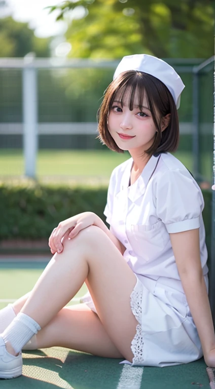 ((((Whole body 1.4)))),Body facing the viewer、Small breasts、Sitting with legs crossed、Panty Shot、White panties visible,highest quality, 8k, 15-year-old student, Teen, RAW Photos, Absurd, Award-winning portraits, mouth, alone, night, neon, Idol&#39;Face, Viola Lace, Gardenia, Delicate girl, Digital single-lens reflex camera, Looking at the audience, Frank, Sophisticated, Zola々right, Thin arms, Professional Lighting, Film Grain, chromatic aberration, (Eye and facial details:1.0), (Bokeh:1.1) , ,short hair、Nurse Costume,White nurse miniskirt、Nurse cap、Large skin area,Bare legs,Thighs、Tennis court