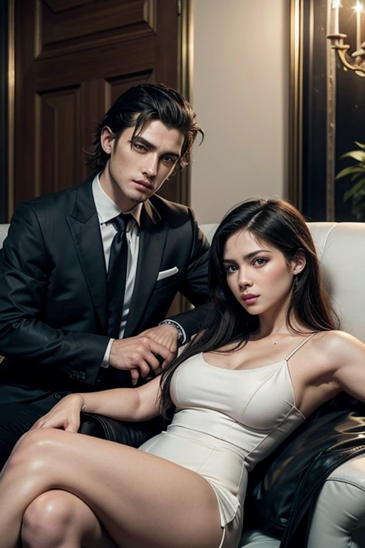 A man on tuxedo with black hair sitting on a royal chair and a lady holding holding on to him