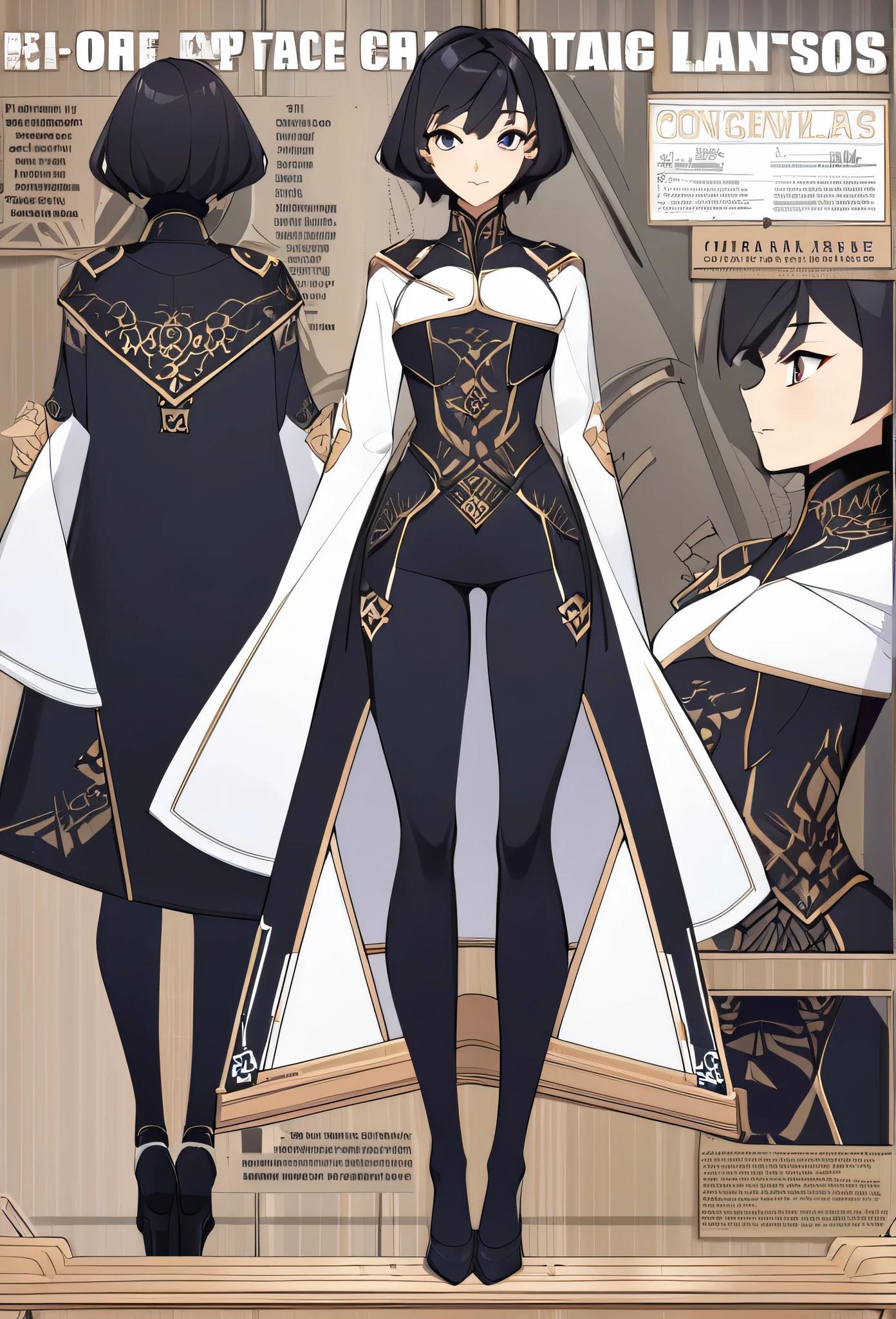 (best quality,extremely detailed),detailed background,detailed face,longeyelashes,  comprehensive model sheet for a character, including front view and side view, with detailed perspectives and angles