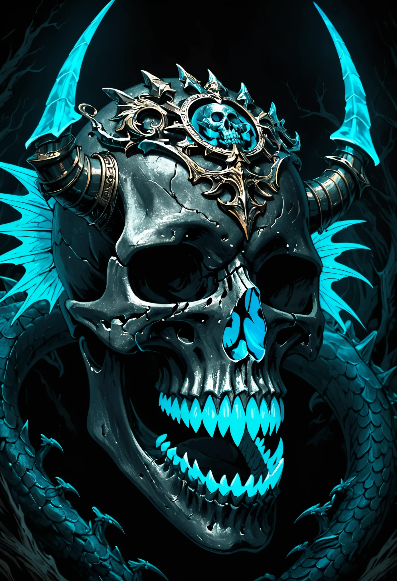 Surrealism, drop shadow, anaglyph, stereogram, tachi-e, pov, atmospheric perspective, 8k, super detail, ccurate, best quality，With glow horns、Close-up of a skull with a red head,  Dragon Portrait, by Rostland, Benedict Barna, Morel，(((Multi-metal ring ornaments)))，Miracle，Dark atmosphere，Black Forest，((neon glow light))，((Blue arc))，dragon features，Dragon skull，Metal ring accessories