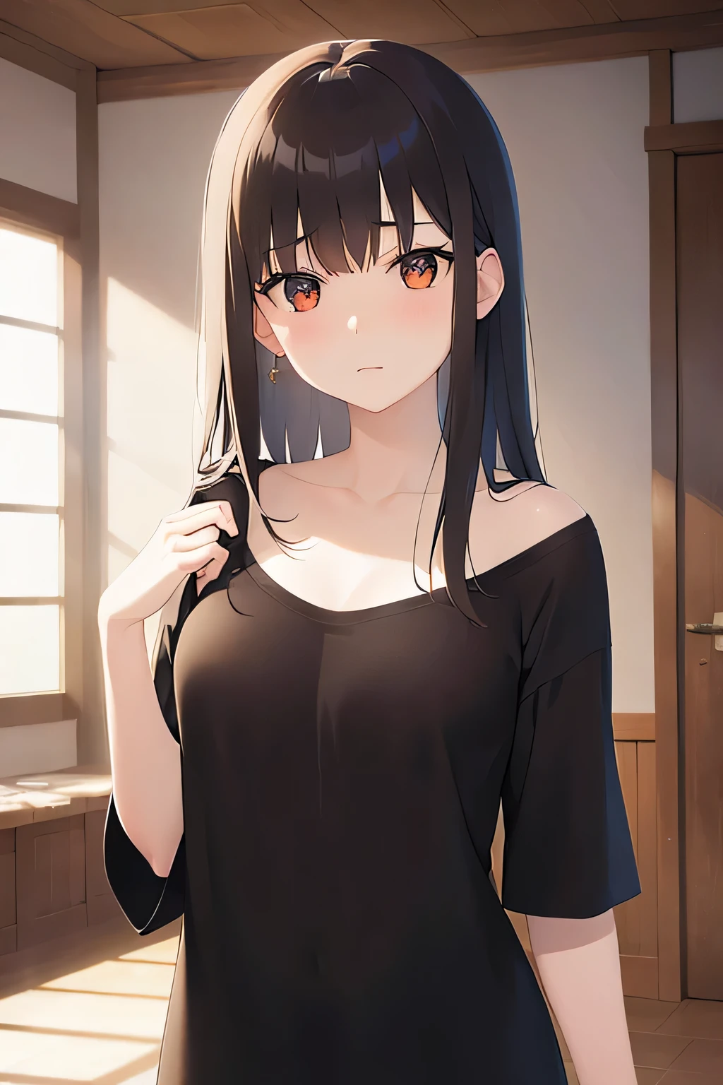 (Placing hand on chest:1.3), shooting from above、Upper Body, Realistic, real person, (pale skin: 1.2), RAW shiny skin, japanese idol、shiny hair、(25 year old woman with medium hair with bangs) and (wavy hair) and (brown hair) and (orange eyes) , (black) and (plain t-shirt) and (oversize) 、(embarrassed:1.2), The background is the living room、Alone、Are standing