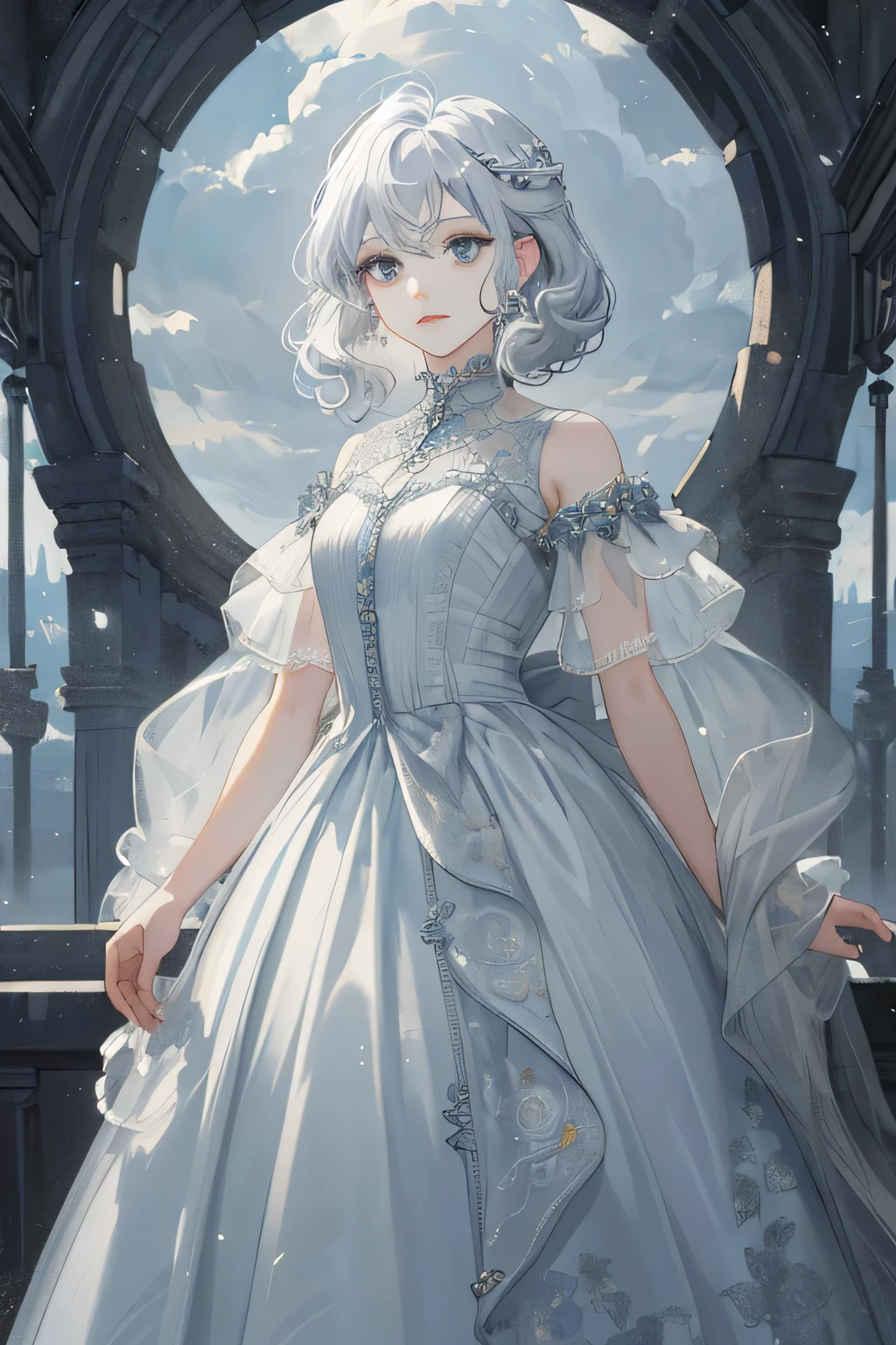 (masterpiece), best quality, expressive eyes, yunani dress style painting of beautiful princess, white long dress, lush and haunting background, silver short curl hair, grey eyes, closed mouth