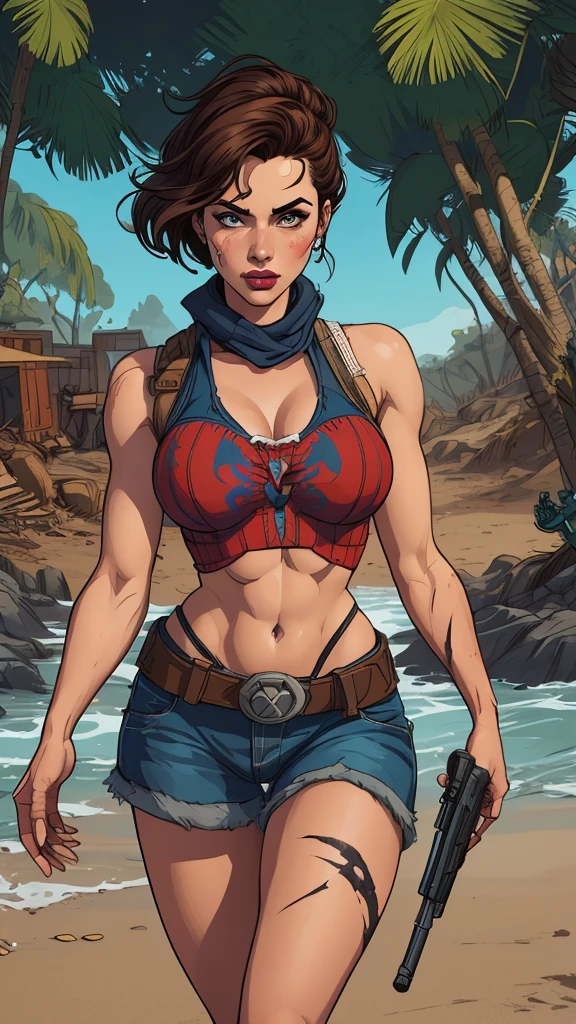 ultra-realistic 8K CG, masterpiece, ((ultra detailed background, fine drawing, intricate details, high detail, better quality fine details, hyper-detailed face)), (photorealistic: 1.4), beautiful lighting, absurdity, RAW photo, film grain, TyLee, 1girl, solo, brown hair, braid, smile, long hair, brown eyes, navel, belly, braided tail, (short shorts, wet shirt), (medium breasts, slim girl, wide hips, ass), wet face, , a lot of, squats, legs spread, ((complex detailed background, outside, medieval background, blue sky, tavern)), erotica, wet skin