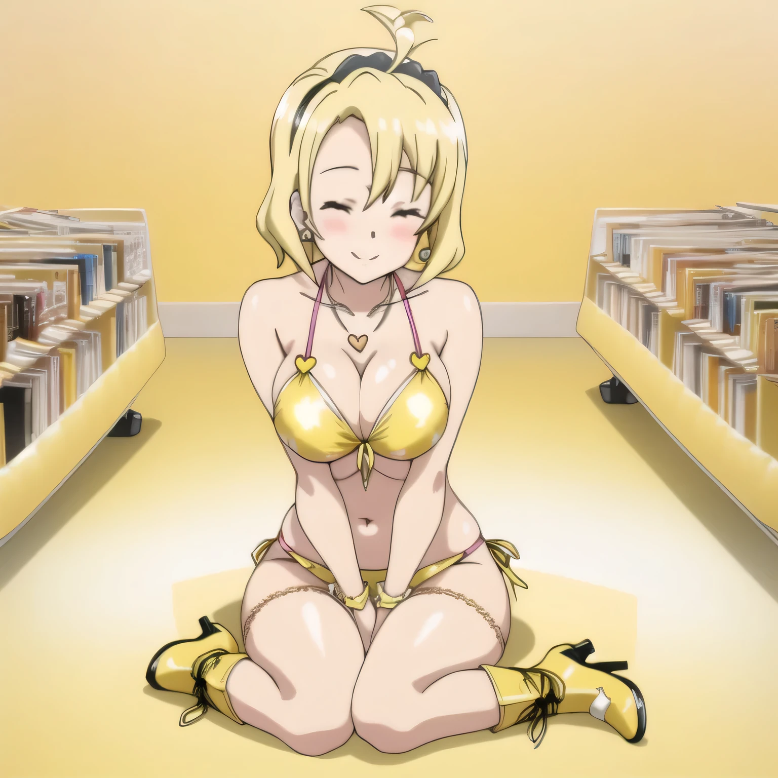 Yellow bikini bunny suit outfit costume circle big loops earrings Gold heart shaped necklace short hair headband sexy high heels boot shoes lace up hot boob panty close your eyes smile happy sex bend your knees legs down sex library room Fingering hand pee on the floor pussy dancer oh yes baby