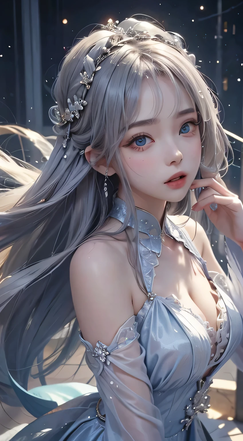 Night scene,（White Hair Girl:1.5）,（（masterpiece））、（detailed：1.4）（Close-up）、angle from above、（Backlight）(A fantastic atmosphere、Ancient Capital、Fantastic beauty images,One Woman、White Dust、Light Danceysterious atmosphere、Suspended particles), (Black Dress、long dress with sleeves、Dancing Girl、Put your hand to your mouth)、（Gray hair that changes with light、Long, lustrous white hair、white hair fluttering in the wind、Beautiful bangs:1.3）、（Beautiful white and shining skin、Cheek gloss highlight、Sexy and very beautiful and adorable face、The most beautiful face in the world、Big, sparkling blue eyes）、（A cute 25 year old girl、Ample breasts、Great cleavage small waist、delicate shoulders、Perfect figure） Look here、Laugh mischievously
