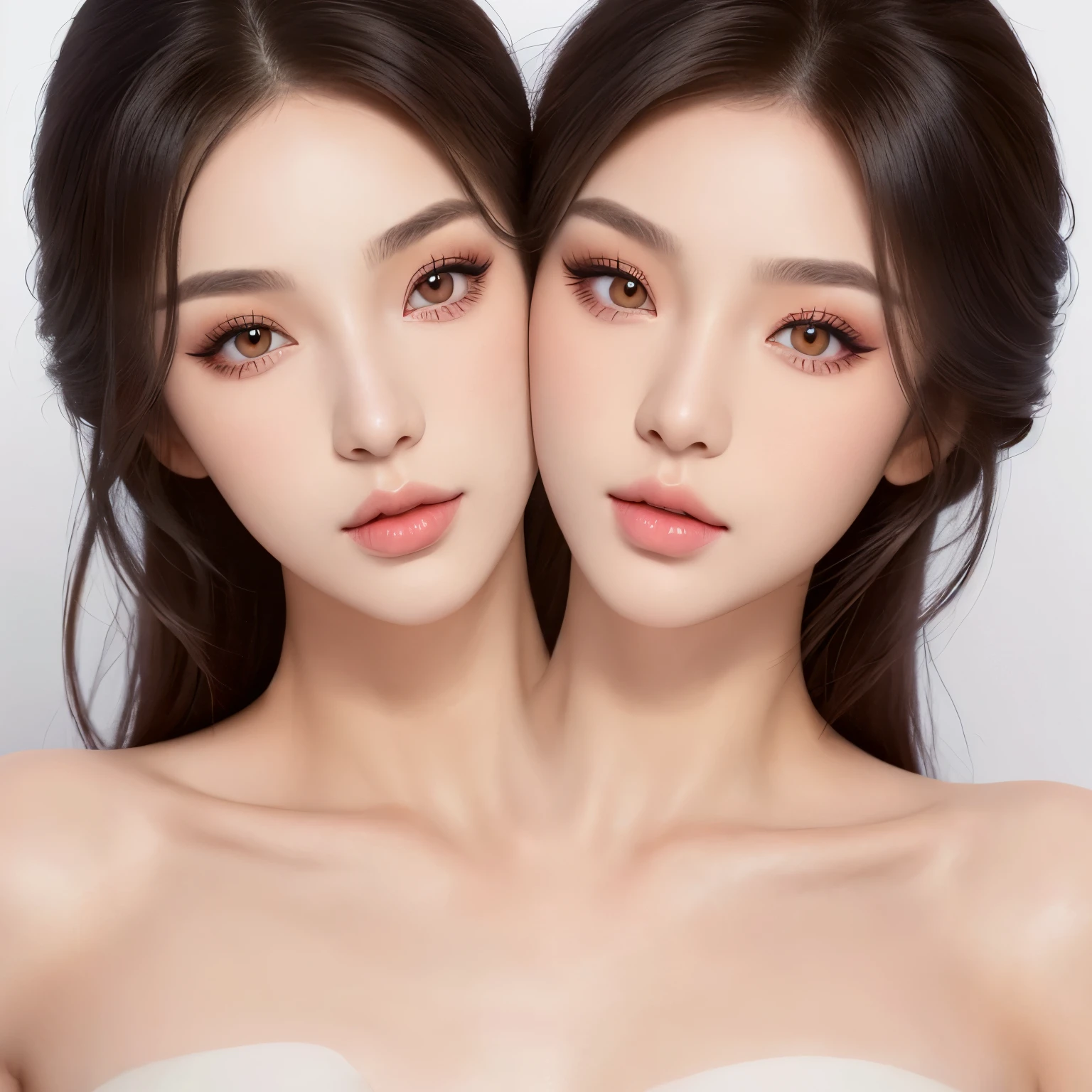 bestresolution, (2heads:1.2), korean teenage girls, extremely long hair, two beautiful women with makeup and make up posing for a picture, sexy face with full makeup, beautiful gemini twins portrait, beauty retouch, jaw dropping beauty, professional retouch, beautiful gemini twins, jaw-dropping beauty, perfect face model, profile image, makeup, model face, profile pic, professional makeup, gorgeous faces, glam make-up, profile picture