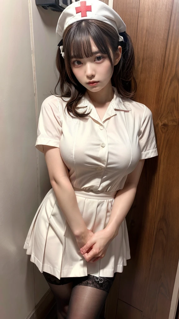 muste piece, best quality, illustration, Super detailed, fine details, High resolution, 8K,wall paper, perfect dynamic composition,(Details High quality, realistic depiction of eyes:1.3), Hospital Rooms、White nurse cap、White tights、White nurse uniform、to stand、Hand skirt、Flipping up a white skirt, large breasts,short bob hair, black hair color, Big Natural Color Lip, bold sexy pose, crying a little、cold gaze, Harajuku style、20 year old girl、cute type、lolita、beautiful legs, hposing Gravure Idol