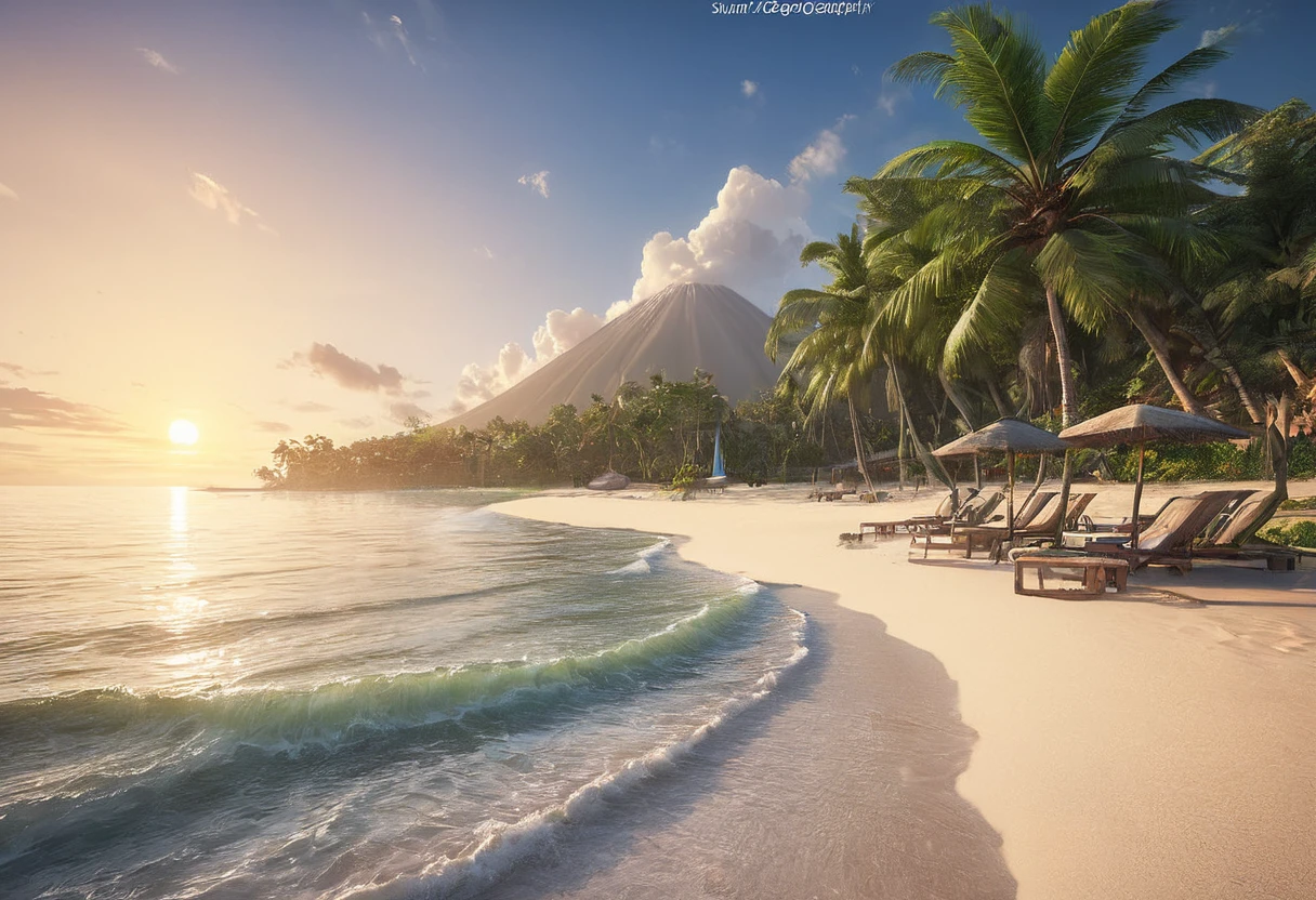 National Geographic Photographer:1.4, Unreal Engine:1.4,Ultra realistic CG K, Photorealistic:1.4, beaches of Indonesia, landscape of a paradisiacal beach, palm trees, white sand, seagulls, beach chairs beautiful waves breaking on the beach, colors of a sunset with some clouds, sun falls illuminating the waters photograph taken by a professional photographer:1.5, Extremely detailed :1.4, more detailed, optical mixing, playful patterns, animated texture, Unique visual effect, representative of this beautiful tourist landscape, magical, masterpiece, photography awarded for its beauty, vivid and harmonious colors, cinematic lighting, 8k realistic digital art.), 32K