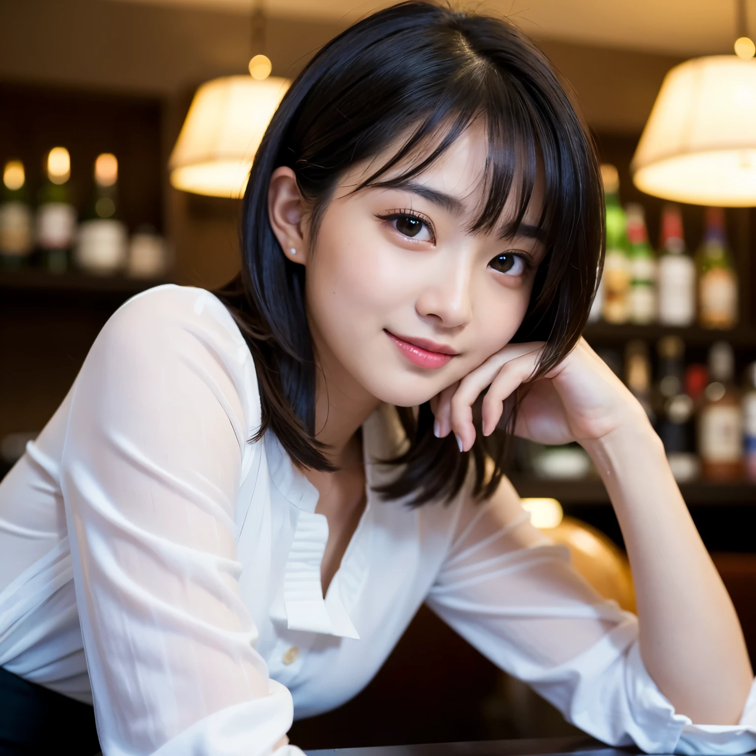 1girl, 15-years-old, the most famous Japanese idol, in hotel bar, Best-quality, Masterpiece, Ultra-High-Resolution, (Photorealistic:1.4), Raw-Photo, depth of field, professional-lighting, (extremely cute face like the most popular Japanese idol, ((extremely beautiful big-black-eyes)), extremely beautiful black-short-cut-haired), extremely beautiful skins, extremely beautiful long-eyelashes, extremely beautiful lips, looking at viewer, innocent-smile, detailed hotel-bar