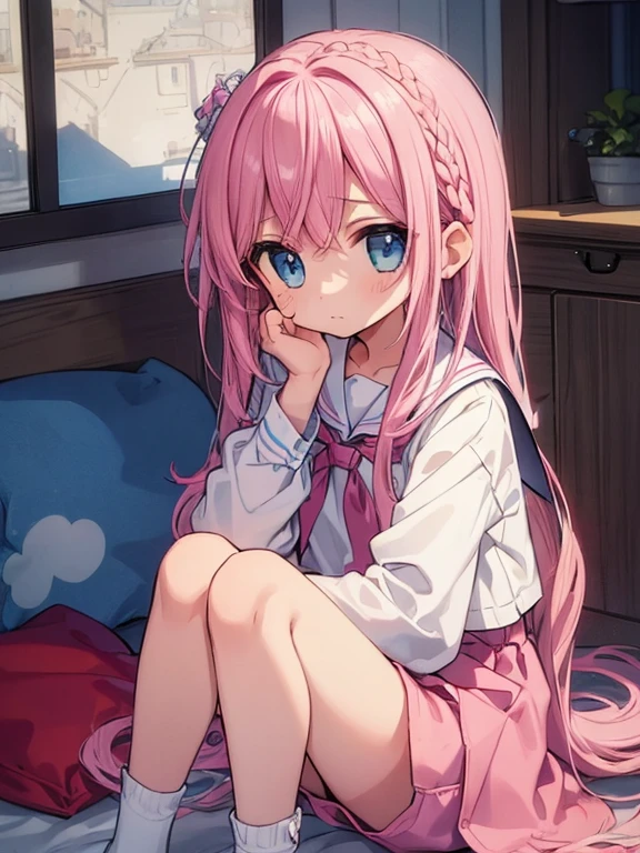 Beautiful illustrations, highest quality,((Directly facing:1.3)、Front split、Hold your knees、Hunch your back、bury one&#39;s face in one&#39;s knees:1.5) (12-year-old girl:1.4)、(pretty girl：1.5)、、Flat Chest、Sailor collar、(White long tunic)、Long sleeve sailor suit、Blue-line cuffs、(Pink Chino Shorts：1.7)、(Pink shorts with wide openings：1.6)、Gap between thigh and pants、Thin thighs、White socks、 Cinema Lighting, (Pink Long Hair)、Pink Straight Hair、Redness on the cheeks、(Braiding of the back of the head)
