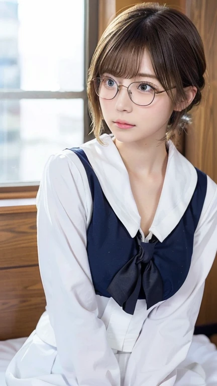Sitting with legs crossed,1 girl, Very bright backlight,alone, {Beautiful and detailed}, (ベッドにLying写真), Very beautiful big (Huge breasts:1.5) And a small waist ((Press the chest)) ,Big Breasts,Calm expression, Natural soft light,, Delicate features, Blunt bangs, Beautiful Japanese Girl, 18-year-old, ((Seductive pose)), attractive figure,(Blonde), Light grain, Real Hands, masterpiece, highest quality, Realistic, Very detailed, In detail, High resolution,Beautiful Hair, Perfect dynamic composition, Beautiful and beautiful eyes, Japanese Idols,((I'm nervous and embarrassed)),Sharp focus, beauty mix, (Sailor suit:1.3),Movie Girl,Exhibitionism,Showing off,(short hair:1.5),(Curly Hair),(shameful),(Glasses),Intellectual atmosphere,student,shirt,skirt,tie,Button open,glossy,sexy,Shyness,Lying,Lying down,(Hair tied up),(Health Room)
