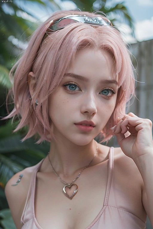 young woman, short shoulder-length pink hair, wide forehead, porcelain skin, pink eyebrows, big emerald green eyes, buttoned nose, full lips, heart-shaped face, slender body, small breasts, red tank top, Sakura Haruno , realistic, realism, details, 3d, well detailed
