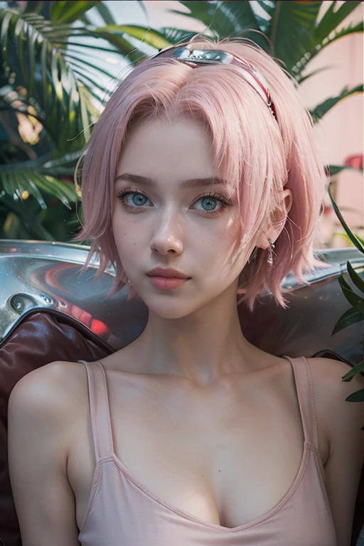 young woman, short shoulder-length pink hair, wide forehead, porcelain skin, pink eyebrows, big emerald green eyes, buttoned nose, full lips, heart-shaped face, slender body, small breasts, red tank top, Sakura Haruno , realistic, realism, details, 3d, well detailed
