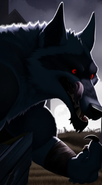 (best quality,highres),(realistic:1.37),a mysterious werewolf,a very aggressive creature,red eyes,tongue out,farm,legendary creature,Greek mythology,scary atmosphere,dark night,howling,full moon,foreboding presence,sharp claws,terrifying transformation,hairy body,intense and detailed texture,ominous shadows,tense and dramatic scene,ominous sound effects.