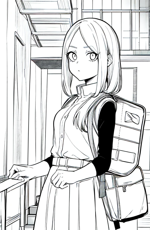 obra maestra, de primera calidad, 1 chica en, Uniformes, serious expression, una mochila, ojos negros, ciberpunk, una escalera cabello corto, dibujo lineal、con hielo my hero academia 
