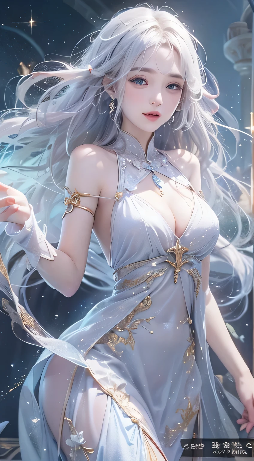 Night scene,(White Hair Girl:1.5),((masterpiece))、(detailed:1.4)(Close-up)、angle from above、(Backlight)(A fantastic atmosphere、Ancient Capital、Fantastic beauty images,One Woman、White Dust、Light Danceysterious atmosphere、Suspended particles), (Black Dress、long dress with sleeves、Dancing Girl、Put your hand to your mouth)、(Gray hair that changes with light、Long, lustrous white hair、white hair fluttering in the wind、Beautiful bangs:1.3)、(Beautiful white and shining skin、Cheek gloss highlight、Sexy and very beautiful and adorable face、The most beautiful face in the world、Big, sparkling blue eyes)、(A cute 25 year old girl、Ample breasts、Great cleavage small waist、delicate shoulders、Perfect figure) Look here、Laugh mischievously