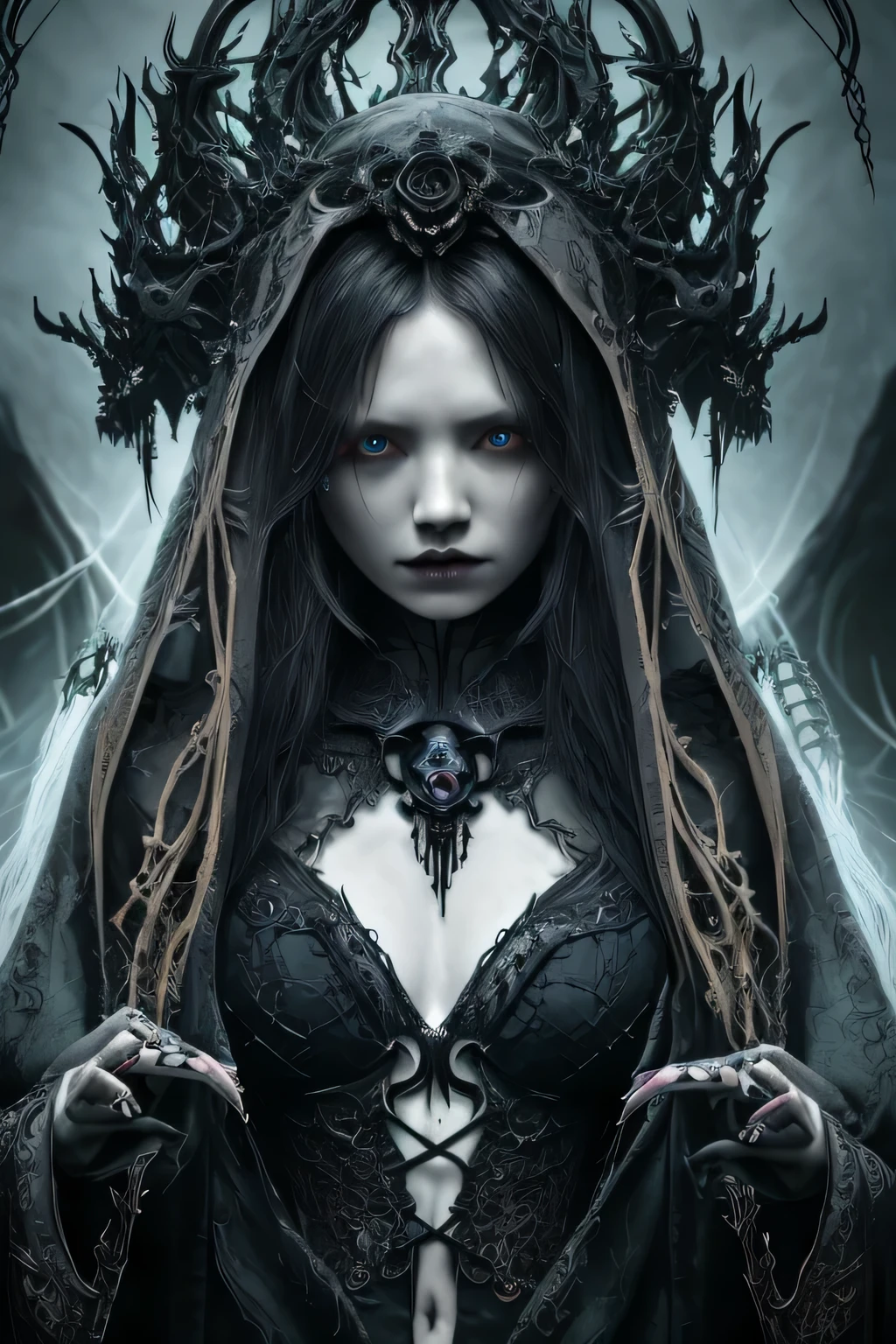 A hauntingly beautiful and intricately detailed depiction of a terrifying necromancer woman, mid-shot and dramatically captured on an ultra-detailed 8K wallpaper. Her complexion is deathly pale, with sunken eyes and a cruel, sharp-featured face that sends shivers down the spine (1.1). Long, wild hair cascades around her, a tangled mess of dark strands (1.2) that frames her intense and fearsome gaze (1.3). Her ornate and ancient robes (1.4) are adorned with bones and symbols of death, every detail meticulously rendered in high resolution (1.5). Her fingers are