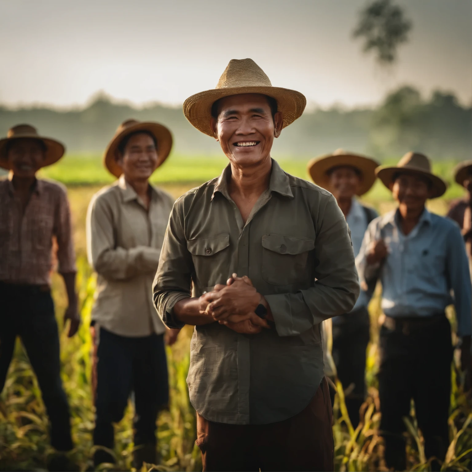 Many Thai agricultural farmers Standing and looking happy,Complete facial details,Random gesture resolution , 4K , morning sun , Everyone turned to the camera.