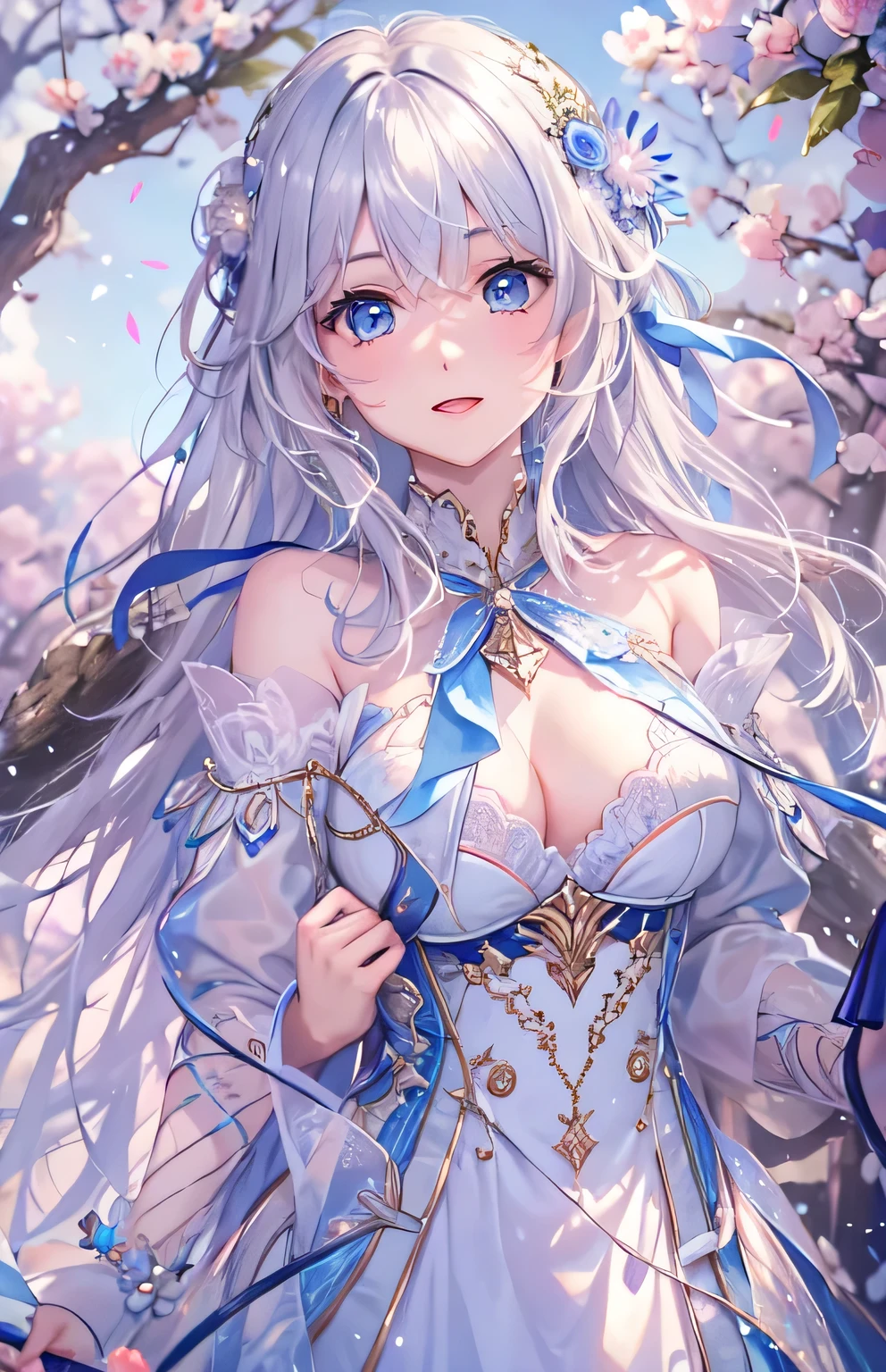 beautiful illustrations, highest quality, pretty girl,beautiful girl、clear face、 half girl、pastel colour 、blush、perfect hands、five fingers、fantasy、fantasy、thighs、Alone Focus), (perfect face:1.1), (high detail:1.1)、Goddess、