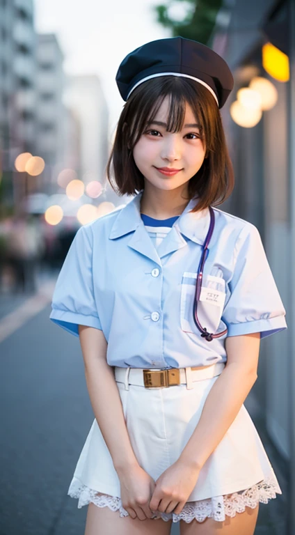 ((((Whole body 1.4)))),Body facing the viewer、Small breasts、Are standing、Panty Shot、White panties visible,highest quality, 8k, 15-year-old student, Teen, RAW Photos, Absurd, Award-winning portraits, mouth, alone, night, neon, Idol'Face, Viola Lace, Gardenia, Delicate girl, Digital single-lens reflex camera, Looking at the audience, Frank, Sophisticated, Zola々right, Thin arms, Professional Lighting, Film Grain, chromatic aberration, (Eye and facial details:1.0), (Bokeh:1.1) , ,short hair、Nurse Costume,White nurse miniskirt、Nurse cap、Stethoscope、Large skin area,Bare legs,Thighs、In the hospital