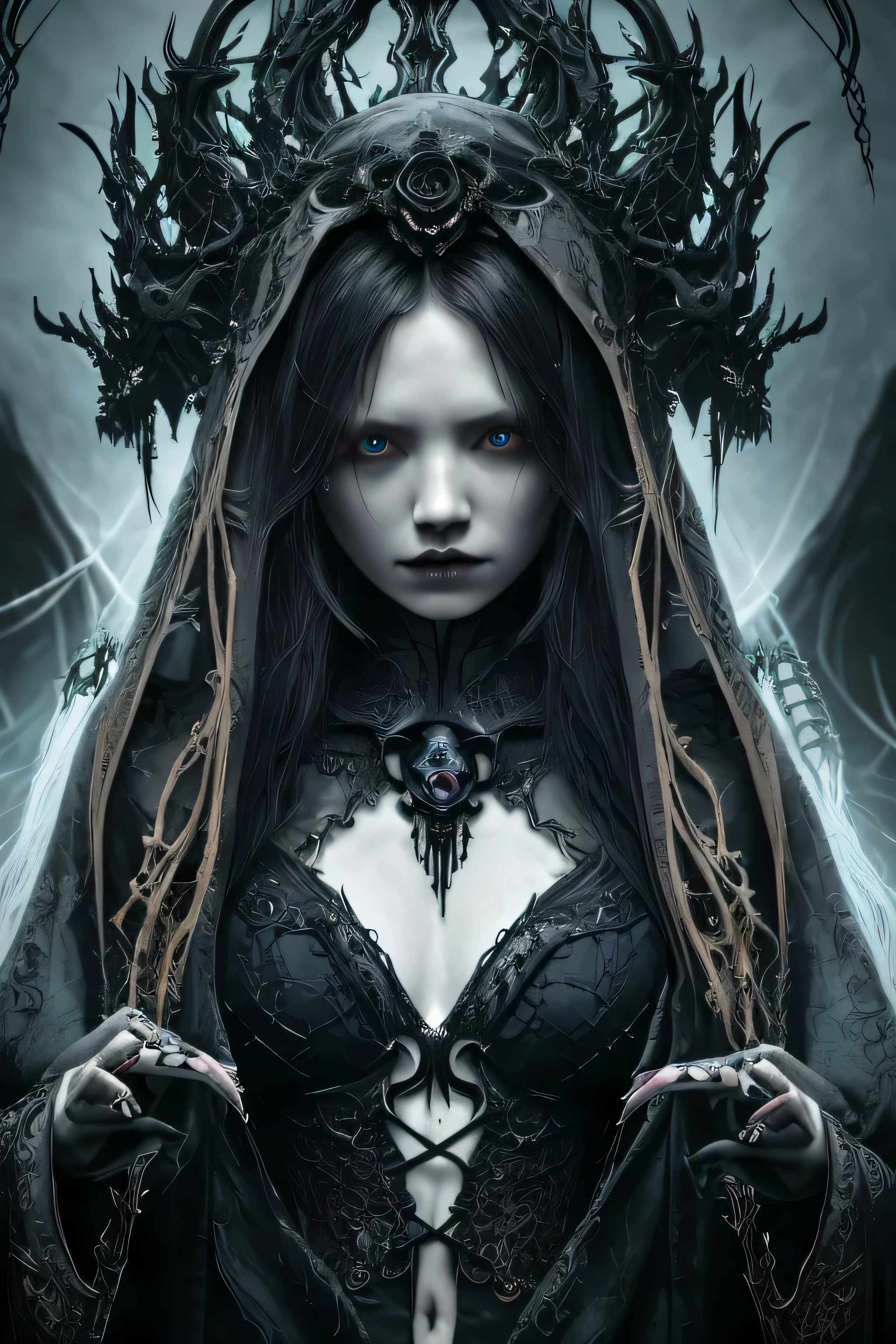 A hauntingly beautiful and intricately detailed depiction of a terrifying necromancer woman, mid-shot and dramatically captured on an ultra-detailed 8K wallpaper. Her complexion is deathly pale, with sunken eyes and a cruel, sharp-featured face that sends shivers down the spine (1.1). Long, wild hair cascades around her, a tangled mess of dark strands (1.2) that frames her intense and fearsome gaze (1.3). Her ornate and ancient robes (1.4) are adorned with bones and symbols of death, every detail meticulously rendered in high resolution (1.5). Her fingers are