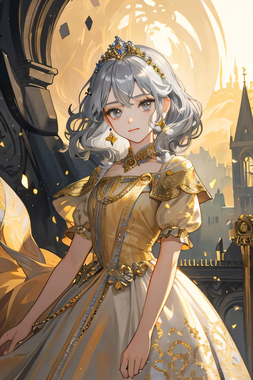 (masterpiece), best quality, expressive eyes, yunani dress style painting of beautiful princess, golden long dress, lush and haunting background, silver short curl hair, grey eyes, closed mouth, with tiara princess