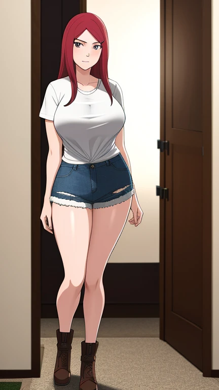 uzumaki_kushina, large_breasts, standing bedroom, solo, denim_shorts,, masterpiece, best quality, detailed face, detailed eyes, highres, white shirt , legs cross ,black stocking,back veiw