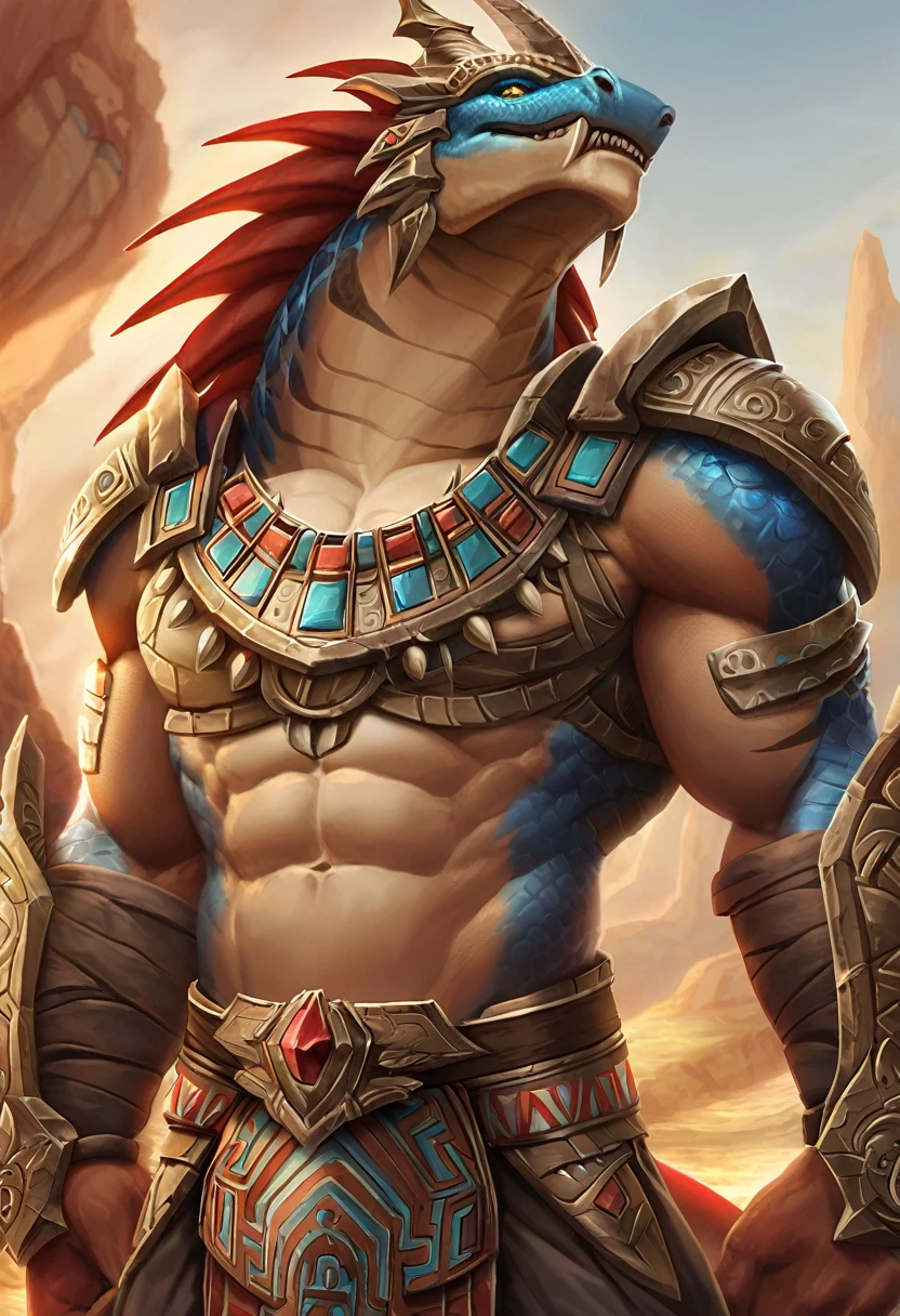 An anthro male naga from wow, wearing aztec armor, muscular, extreme detail, masterpiece, best art, junge, by manly artist
