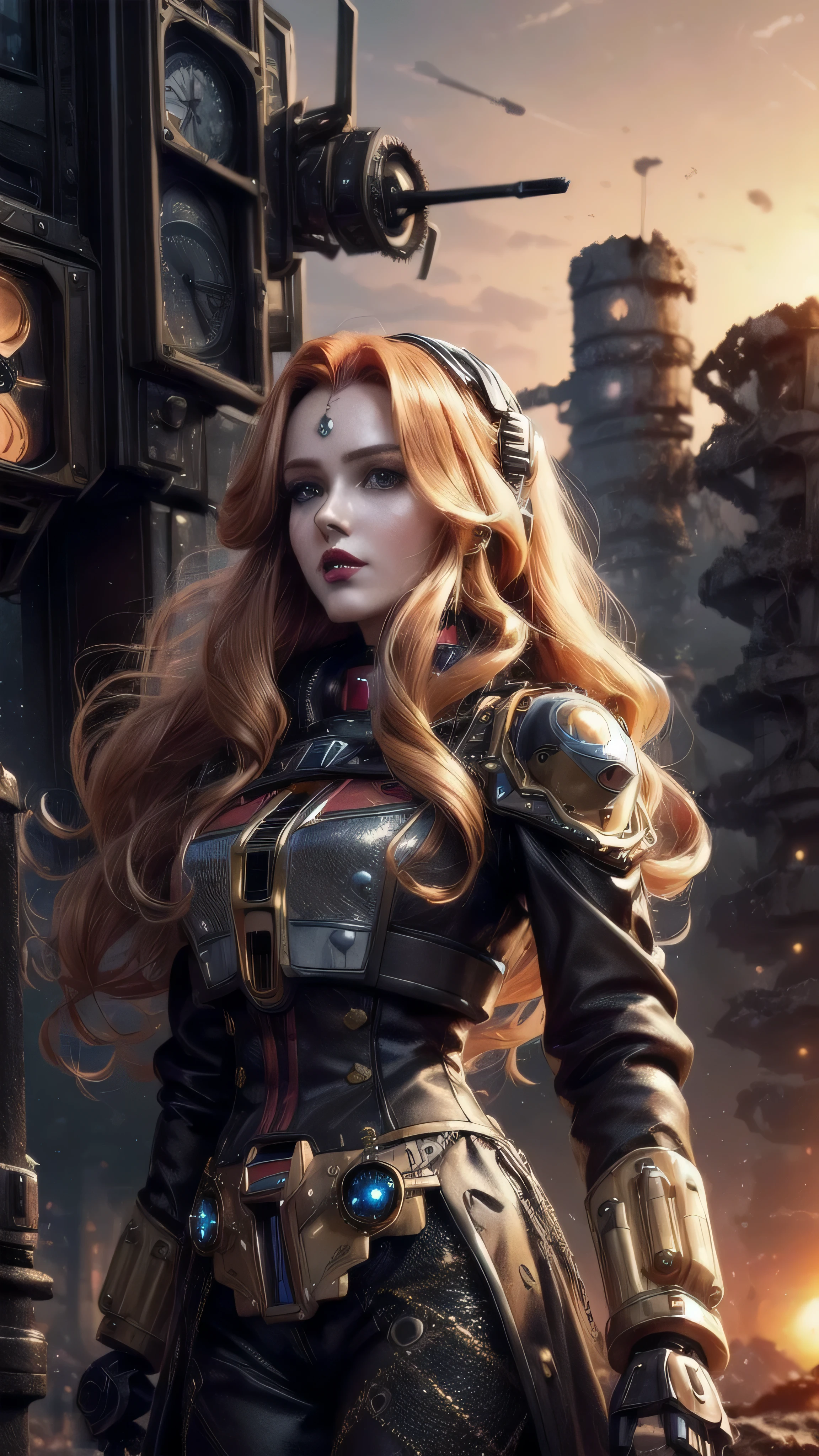 (masterpiece), (((extremely intricate:1.3))), (realistic), girl, (((long curly [blonde hair:bright ginger hair:0.5], (([flat chest:medium breasts:0.8])), upper body, ((makeup:1.6, perfectchainmail, gold clockwork, black jacket), red lips, bright sunlight, sunset, tattoo:1.4, silk shirt)))), outdoors, metal reflections, professional photograph, sharp focus, dramatic, award winning, cinematic lighting, volumetrics dtx, (film grain, blurry background, blurry foreground, bokeh, depth of field), 8K BREAK, ((((futuristic apocalyptic city destroyed, faraway clockwork steampunk gundam robot)))),
