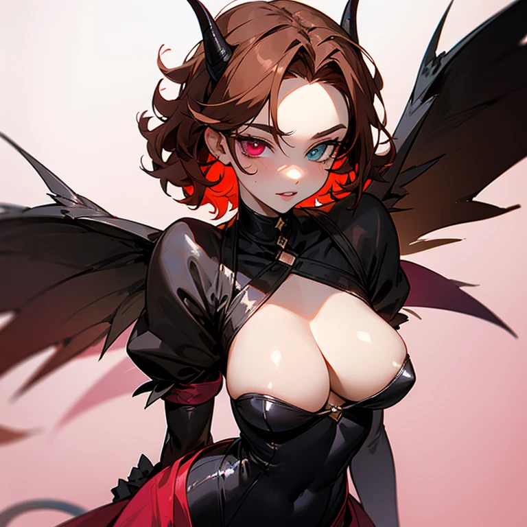 An androgynous person, short and curly light brown hair, with red tips. Heterochromia in the eyes, one brown and the other red. Horns coming out of the forehead, huge and red. Pink lips. She wears a sexy outfit and has a devil's tail coming out of her waist, along with a pair of black angel wings on her back. Wear a crown of thorns