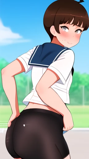 Solo, school sailor summer uniform, bike shorts, big butt, wide hips, short hair, brown hair, femboy, male boy, smug face, bratty boy, sideway, sideway perspective, masterpiece, blushing, see-through pants, visible crotch bulge, visible nipples, manga panels