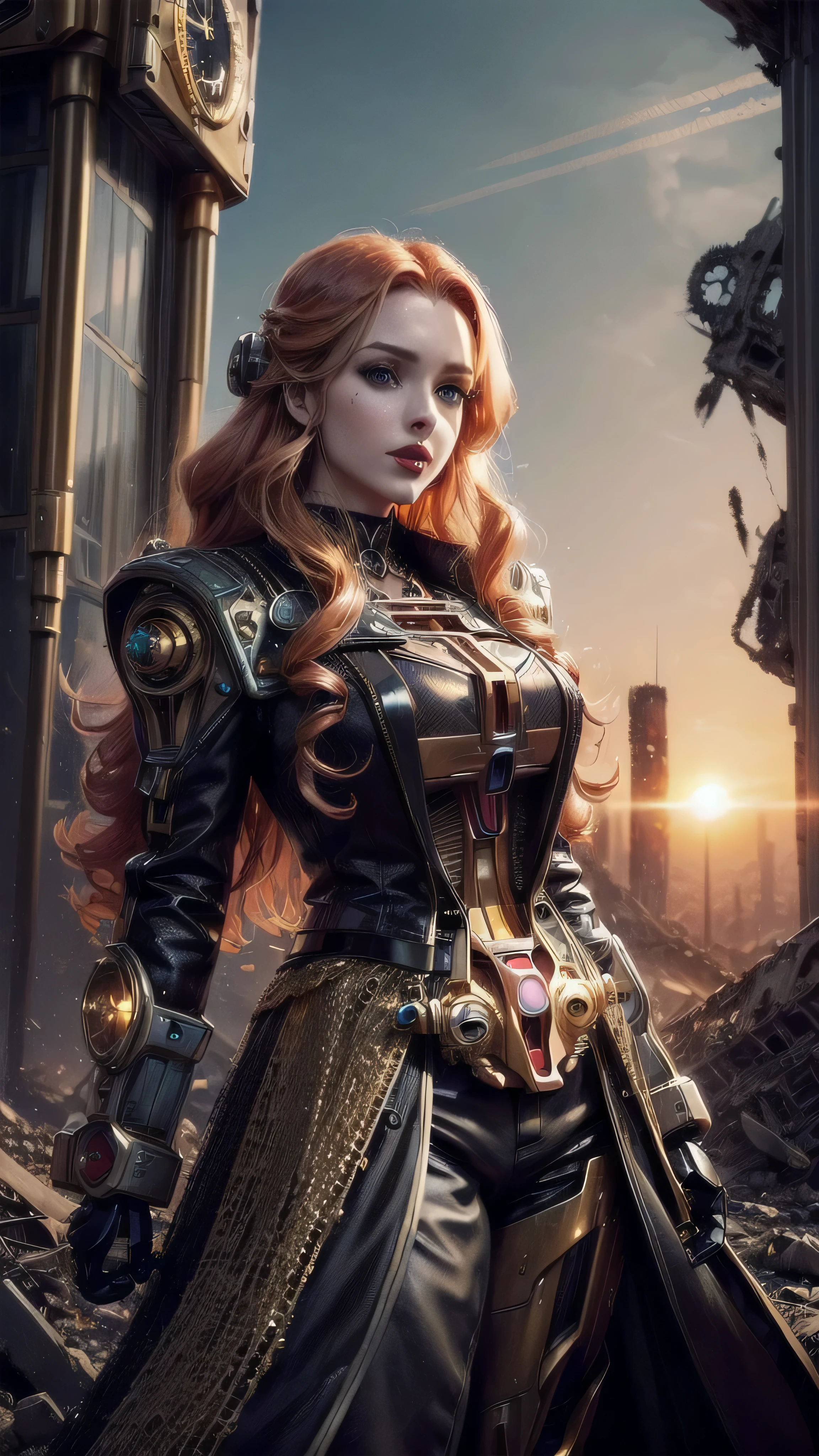 (masterpiece), (((extremely intricate:1.3))), (realistic), girl, (((long curly [blonde hair:bright ginger hair:0.5], (([flat chest:medium breasts:0.8])), upper body, ((makeup:1.6, perfectchainmail, gold clockwork, black jacket), red lips, bright sunlight, sunset, tattoo:1.4, silk shirt)))), outdoors, metal reflections, professional photograph, sharp focus, dramatic, award winning, cinematic lighting, volumetrics dtx, (film grain, blurry background, blurry foreground, bokeh, depth of field), 8K BREAK, ((((futuristic apocalyptic city destroyed, faraway clockwork steampunk gundam robot)))),
