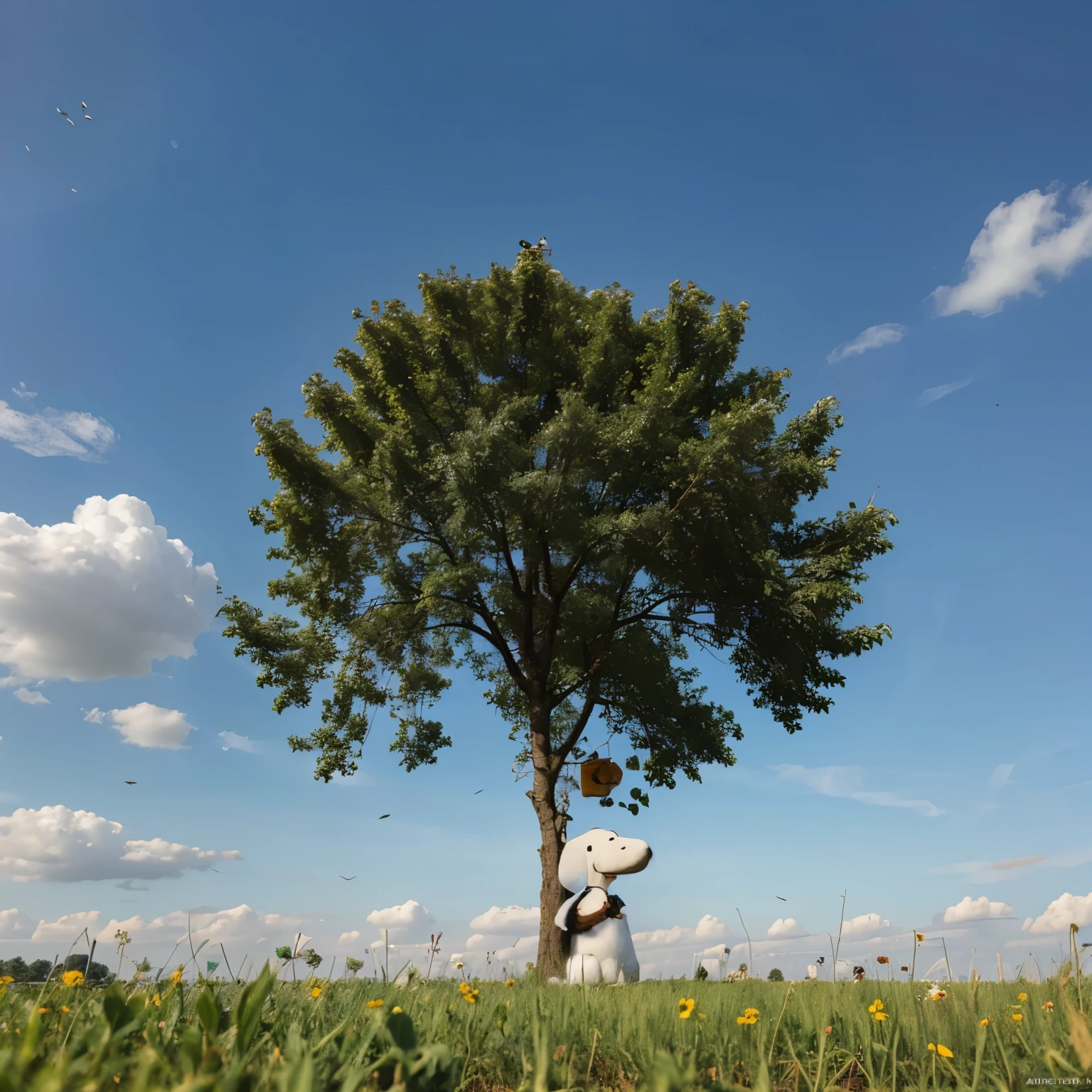 Make a picture of Snoopy planting a tree in a field 