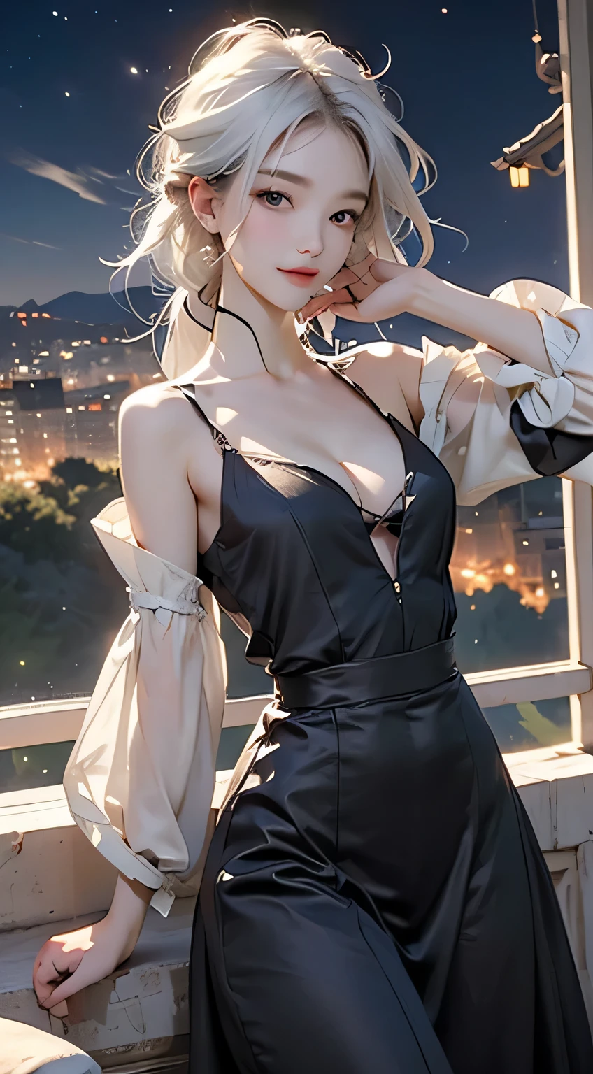 Night scene,(White Hair Girl:1.5),((masterpiece))、(detailed:1.4)(Close-up)、angle from above、(Backlight)(A fantastic atmosphere、Ancient Capital、Fantastic beauty images,One Woman、White Dust、Light Danceysterious atmosphere、Suspended particles), (Black Dress、long dress with sleeves、Dancing Girl、Put your hand to your mouth)、(Gray hair that changes with light、Long, lustrous white hair、white hair fluttering in the wind、Beautiful bangs:1.3)、(Beautiful white and shining skin、Cheek gloss highlight、Sexy and very beautiful and adorable face、The most beautiful face in the world、Big, sparkling blue eyes)、(A cute 25 year old girl、Ample breasts、Great cleavage small waist、delicate shoulders、Perfect figure) Look here、Laugh mischievously