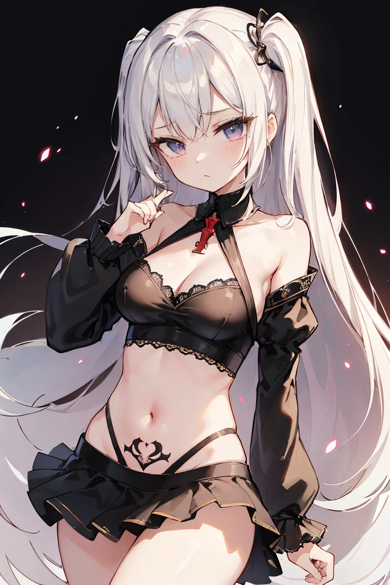 masterpiece, best quality, kitsune 1girl, solo, beautiful kitsune woman, fox ears, bangs, white hair, very long hair, blue eyes, ahegao, medium breasts, black choker, black bra, black panties, 5 white fox tails, white hair, cowboyshot, looking at viewer