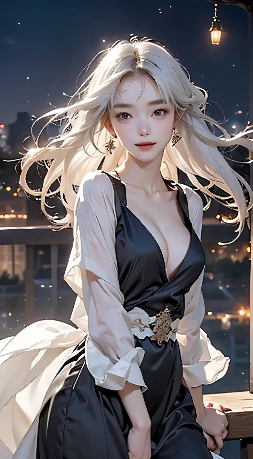 Night scene,（White Hair Girl:1.5）,（（masterpiece））、（detailed：1.4）（Close-up）、angle from above、（Backlight）(A fantastic atmosphere、Ancient Capital、Fantastic beauty images,One Woman、White Dust、Light Danceysterious atmosphere、Suspended particles), (Black Dress、long dress with sleeves、Dancing Girl、Put your hand to your mouth)、（Gray hair that changes with light、Long, lustrous white hair、white hair fluttering in the wind、Beautiful bangs:1.3）、（Beautiful white and shining skin、Cheek gloss highlight、Sexy and very beautiful and adorable face、The most beautiful face in the world、Big, sparkling blue eyes）、（A cute 25 year old girl、Ample breasts、Great cleavage small waist、delicate shoulders、Perfect figure） Look here、Laugh mischievously
