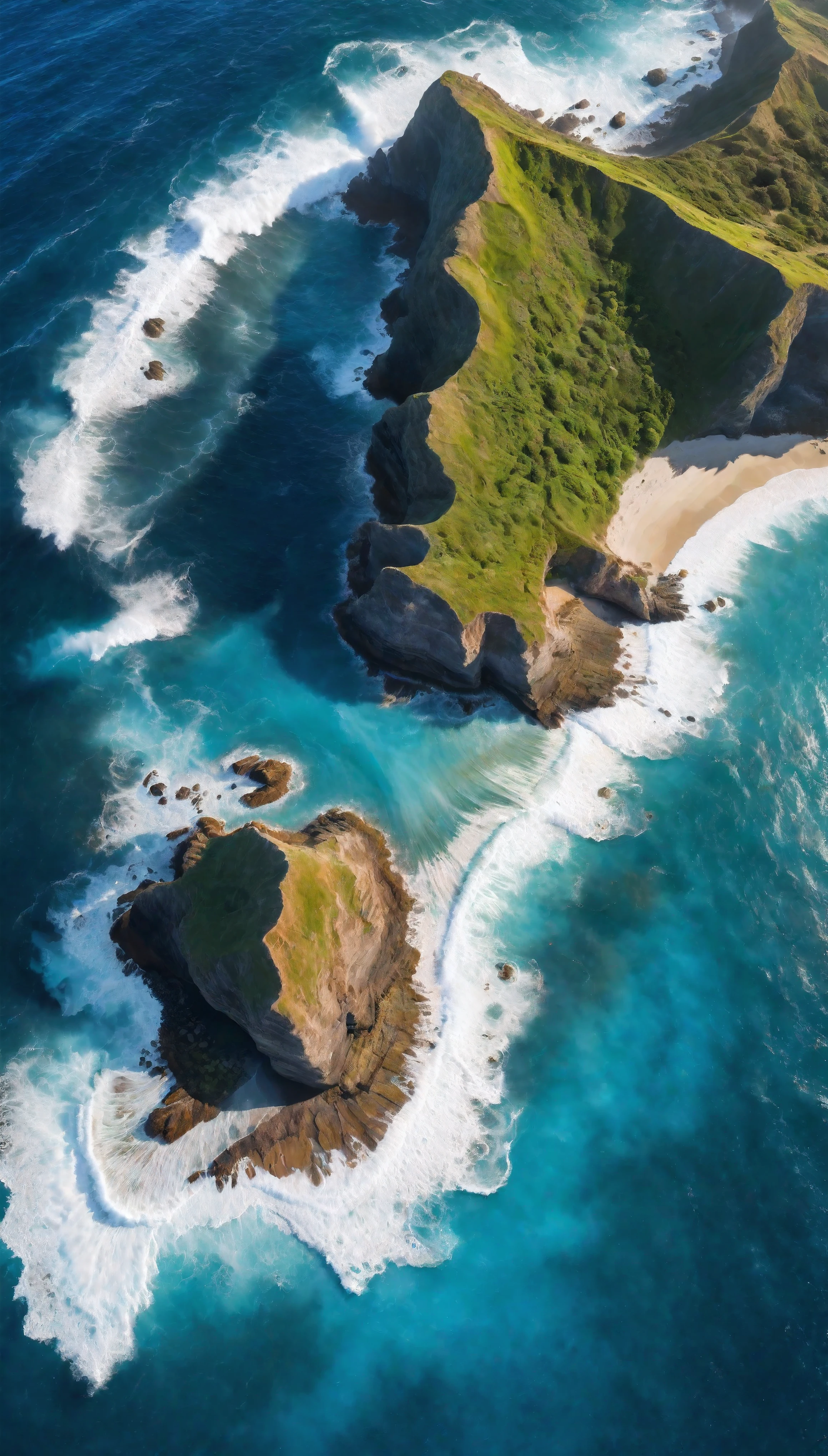 Aerial view of Blue Coast with Majestic ocean, natural lights, asymmetric landscape, (ultra wide angle:1.5), fisheye lens photo, ((Aerial view):1.2), ((sense of extreme vastness):1.1), highly detailed ocean and beach, (tyndall effect), Coexistence with the surrounding environment, extremely detailed ocean and sky background, wild landscape, beautiful landscape, extremely detailed, depth of field, best quality, masterpiece, high resolution, Hyperrealistic, 8K, top-view, high angle view, Blue Color Palette. Rendered in ultra-high definition with UHD and retina quality, this masterpiece ensures super detail. With a focus on high quality and accuracy, this award-winning portrayal captures every nuance in stunning 16k resolution, immersing viewers in its lifelike depiction. Avoid extreme angles or exaggerated expressions to maintain realism. ((perfect_composition, perfect_design, perfect_layout, perfect_detail, ultra_detailed)), ((enhance_all, fix_everything)), More Detail, Enhance.
