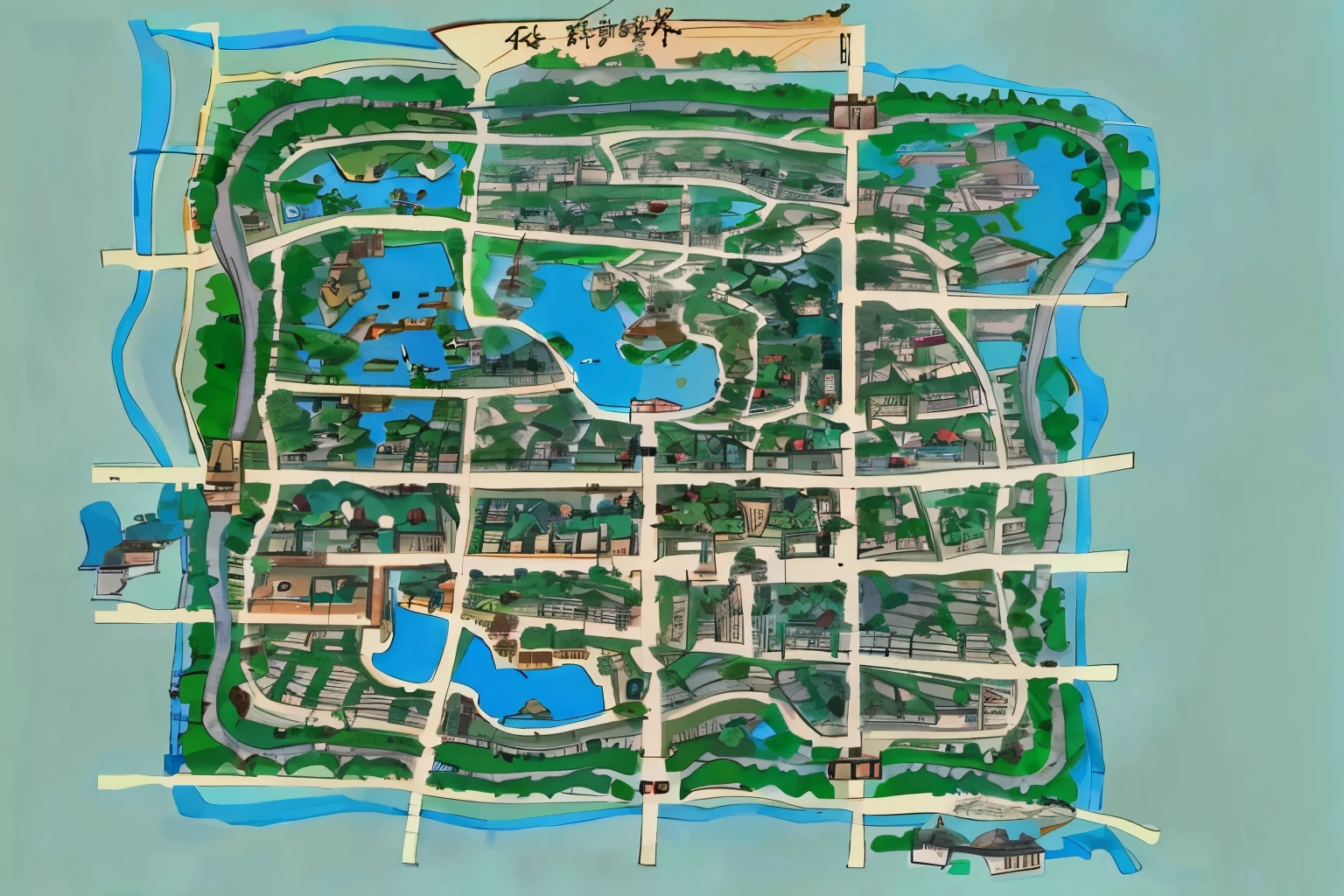 Map of Wuzhen showing a city with a river and a park, Map of the fantasy world, city map, Game Map, Tourist map,  Isometric map, According to geographical map, Steam Workshop Map, Detailed Map, highly Detailed Map, [ Top view ]!!, medieval city map, Top view, Beijing, Detailed city, Panoramic view of the whole city