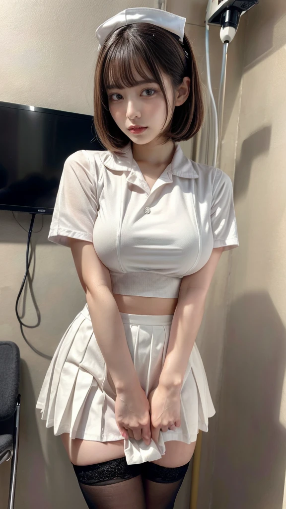 muste piece, best quality, illustration, Super detailed, fine details, High resolution, 8K,wall paper, perfect dynamic composition,(Details High quality, realistic depiction of eyes:1.3), Hospital Rooms、White nurse cap、White tights、White nurse uniform、to stand、Hand skirt、Flipping up a white skirt, large breasts,short bob hair, black hair color, Big Natural Color Lip, bold sexy pose, crying a little、cold gaze, Harajuku style、20 year old girl、cute type、lolita、beautiful legs, hposing Gravure Idol
