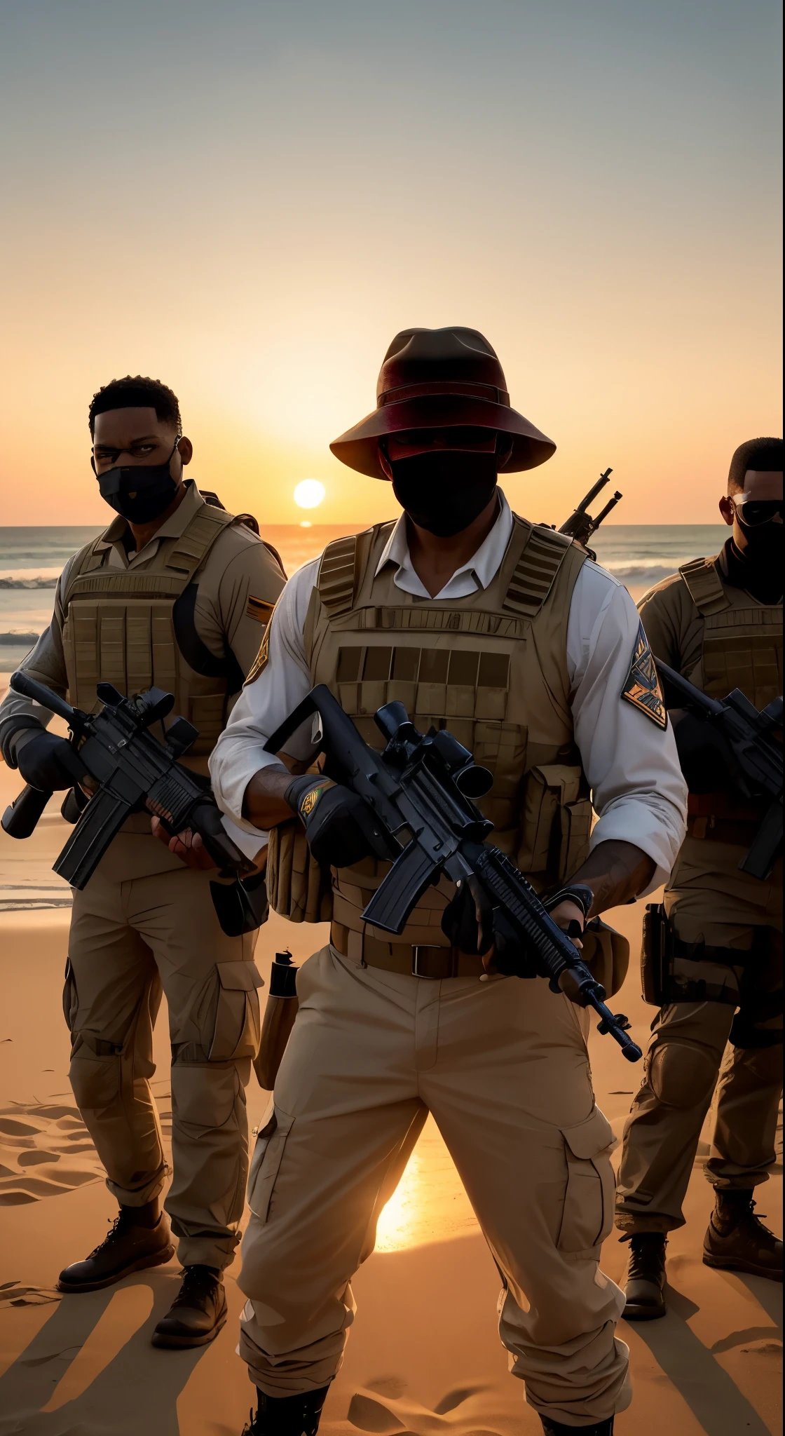 A high definition image of a pivotal scene from the movie "Bat Boys II," where Will Smith, having just exited his Ferrari, finds himself confronted by a group of men wielding a menacing machine gun, pointed directly at the camera. The image is taken from the road along the beach, with the setting sun casting long shadows and the sand glistening in the golden light. The machine gun and its operators are depicted in intricate detail, their faces hidden behind masks, adding an element of mystery and danger to the scene. The texture of the sand and water is hyper-realistic, with every grain and ripple visible, and the colors are rich and vibrant, capturing the essence of
