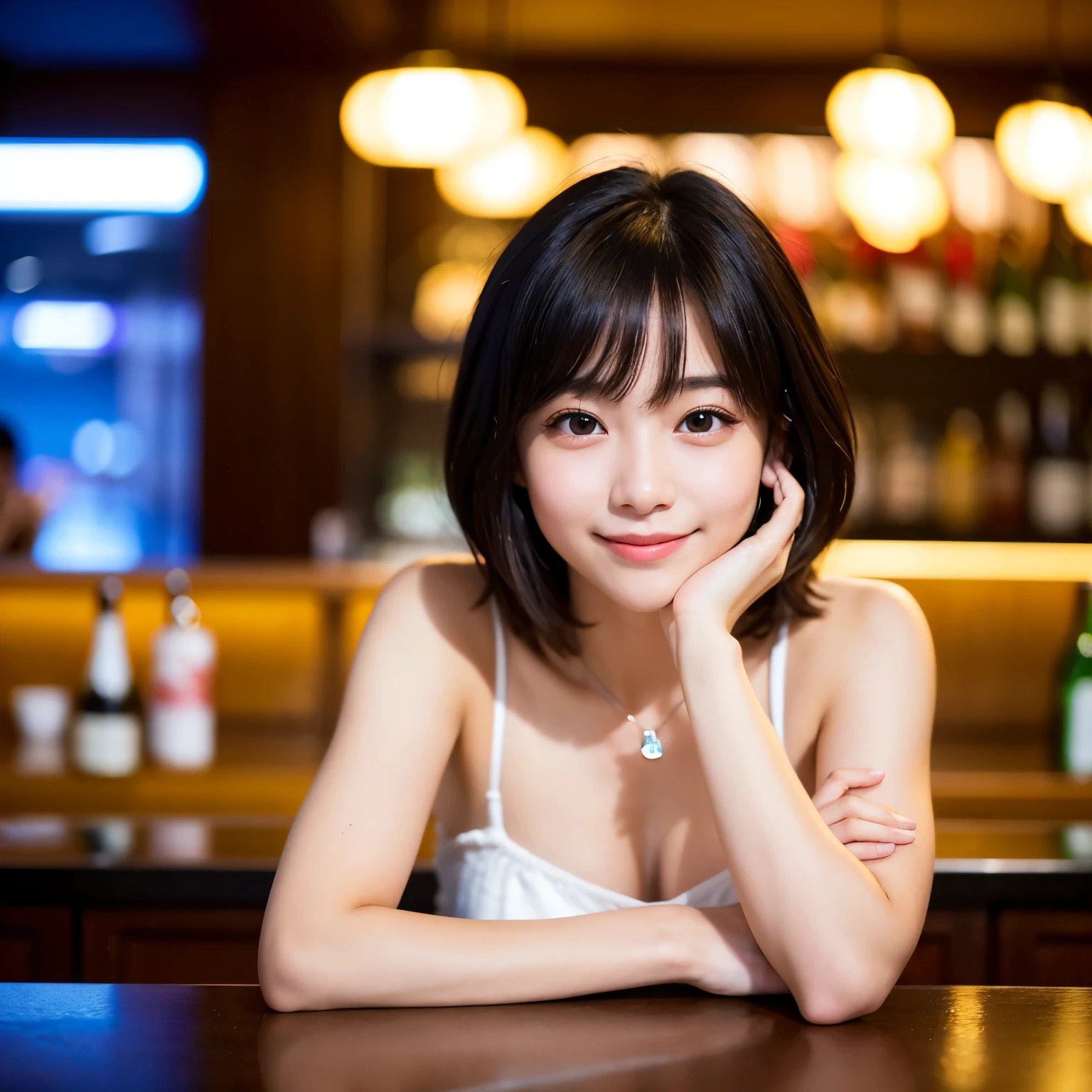 1girl, 15-years-old, the most famous Japanese idol, in hotel bar, Best-quality, Masterpiece, Ultra-High-Resolution, (Photorealistic:1.4), Raw-Photo, depth of field, professional-lighting, (extremely cute face like the most popular Japanese idol, ((extremely beautiful big-black-eyes)), extremely beautiful black-short-cut-haired), extremely beautiful skins, extremely beautiful long-eyelashes, extremely beautiful lips, looking at viewer, innocent-smile, detailed hotel-bar