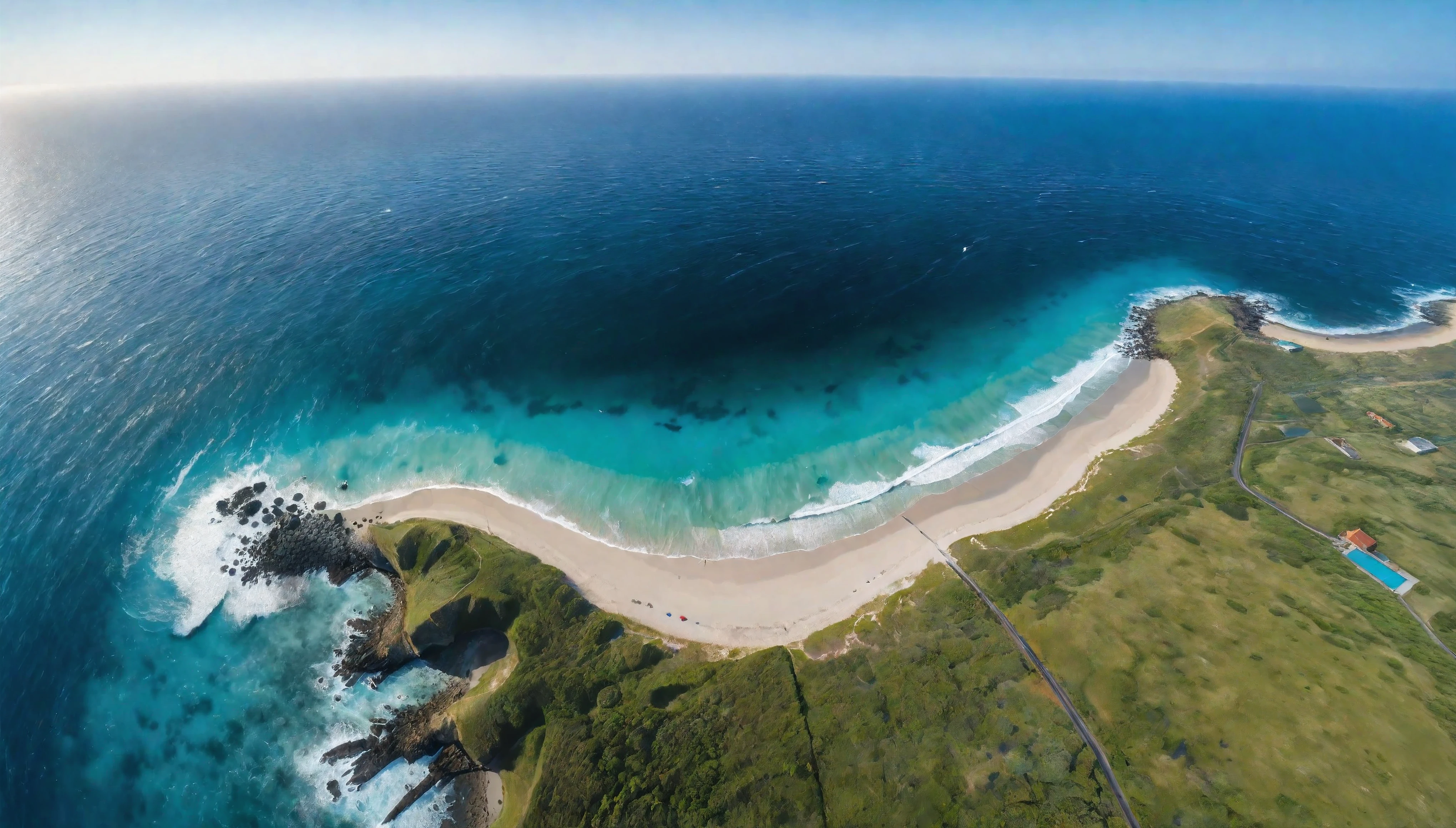 Aerial view of Blue Coast with Majestic ocean, natural lights, asymmetric landscape, (ultra wide angle:1.5), fisheye lens photo, ((Aerial view):1.2), ((sense of extreme vastness):1.1), highly detailed ocean and beach, (tyndall effect), Coexistence with the surrounding environment, extremely detailed ocean and sky background, wild landscape, beautiful landscape, extremely detailed, depth of field, best quality, masterpiece, high resolution, Hyperrealistic, 8K, top-view, high angle view, Blue Color Palette. Rendered in ultra-high definition with UHD and retina quality, this masterpiece ensures super detail. With a focus on high quality and accuracy, this award-winning portrayal captures every nuance in stunning 16k resolution, immersing viewers in its lifelike depiction. Avoid extreme angles or exaggerated expressions to maintain realism. ((perfect_composition, perfect_design, perfect_layout, perfect_detail, ultra_detailed)), ((enhance_all, fix_everything)), More Detail, Enhance.
