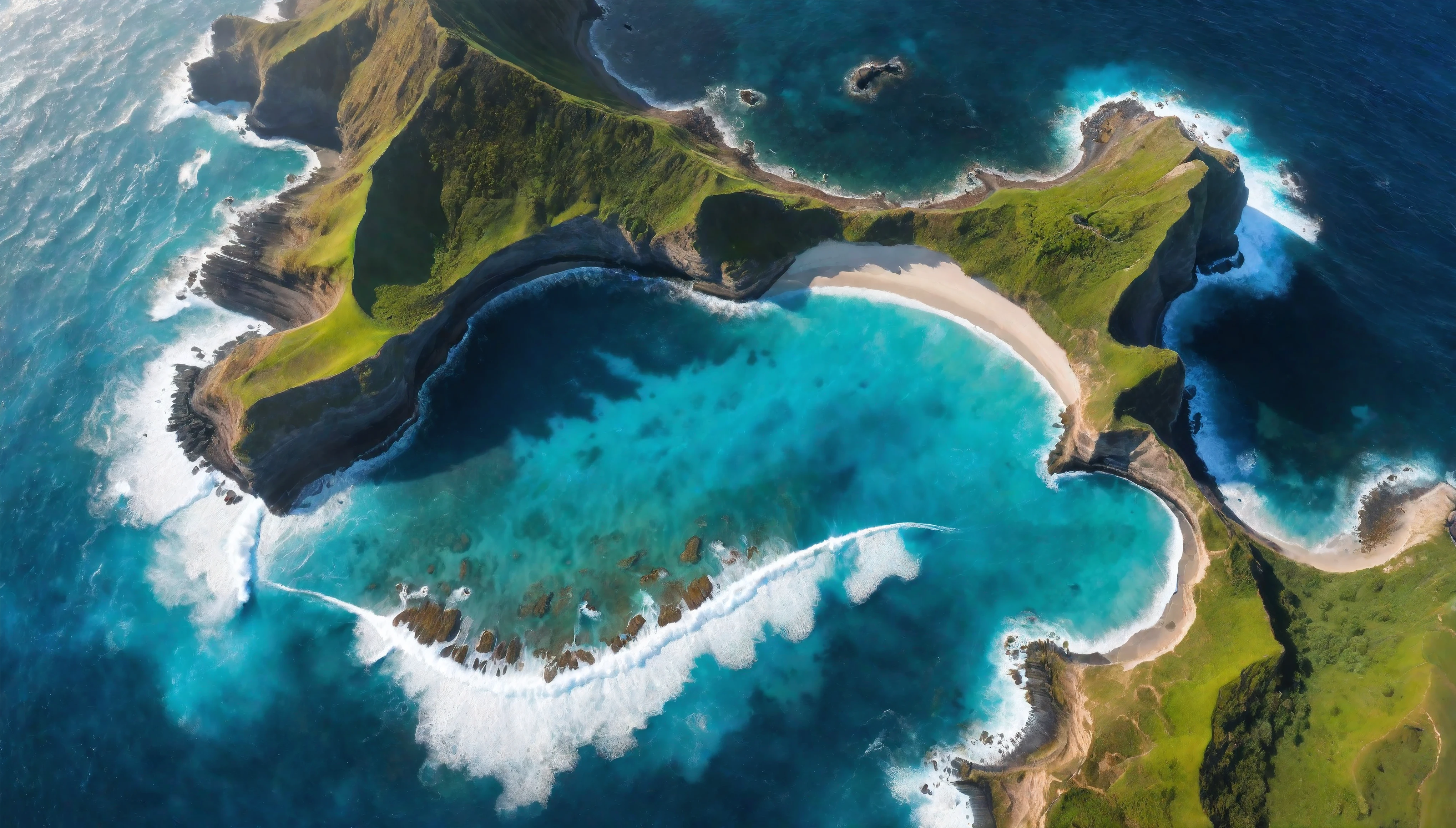 Aerial view of Blue Coast with Majestic ocean, natural lights, asymmetric landscape, (ultra wide angle:1.5), fisheye lens photo, ((Aerial view):1.2), ((sense of extreme vastness):1.1), highly detailed ocean and beach, (tyndall effect), Coexistence with the surrounding environment, extremely detailed ocean and sky background, wild landscape, beautiful landscape, extremely detailed, depth of field, best quality, masterpiece, high resolution, Hyperrealistic, 8K, top-view, high angle view, Blue Color Palette. Rendered in ultra-high definition with UHD and retina quality, this masterpiece ensures super detail. With a focus on high quality and accuracy, this award-winning portrayal captures every nuance in stunning 16k resolution, immersing viewers in its lifelike depiction. Avoid extreme angles or exaggerated expressions to maintain realism. ((perfect_composition, perfect_design, perfect_layout, perfect_detail, ultra_detailed)), ((enhance_all, fix_everything)), More Detail, Enhance.
