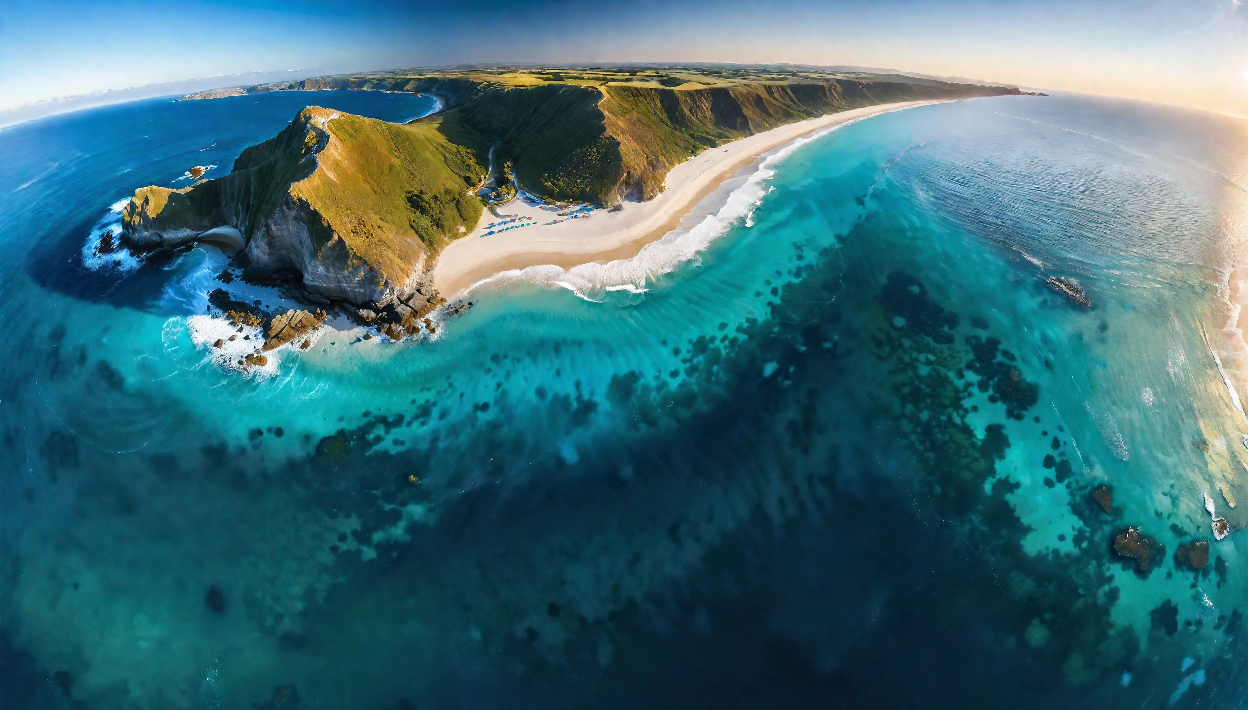 Aerial view of Blue Coast with Majestic ocean, natural lights, asymmetric landscape, (ultra wide angle:1.5), fisheye lens photo, ((Aerial view):1.2), ((sense of extreme vastness):1.1), highly detailed ocean and beach, (tyndall effect), Coexistence with the surrounding environment, extremely detailed ocean and sky background, wild landscape, beautiful landscape, extremely detailed, depth of field, best quality, masterpiece, high resolution, Hyperrealistic, 8K, top-view, high angle view, Blue Color Palette. Rendered in ultra-high definition with UHD and retina quality, this masterpiece ensures super detail. With a focus on high quality and accuracy, this award-winning portrayal captures every nuance in stunning 16k resolution, immersing viewers in its lifelike depiction. Avoid extreme angles or exaggerated expressions to maintain realism. ((perfect_composition, perfect_design, perfect_layout, perfect_detail, ultra_detailed)), ((enhance_all, fix_everything)), More Detail, Enhance.
